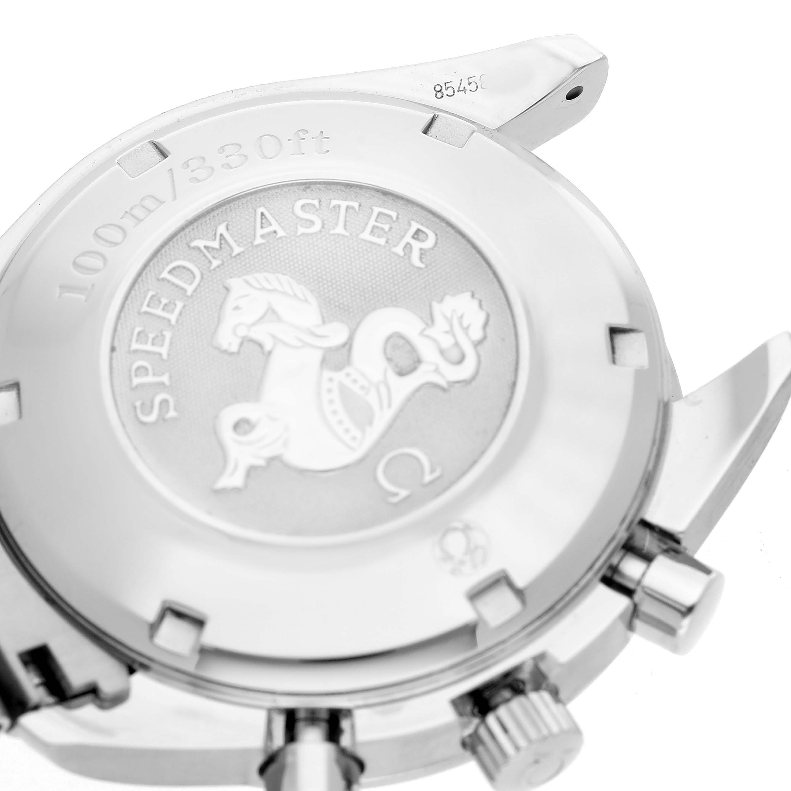 The image shows the back casing of an Omega Speedmaster 3211.30.00 Men's Stainless Steel Silver Dial watch, highlighting the engraved medallion and water resistance details.