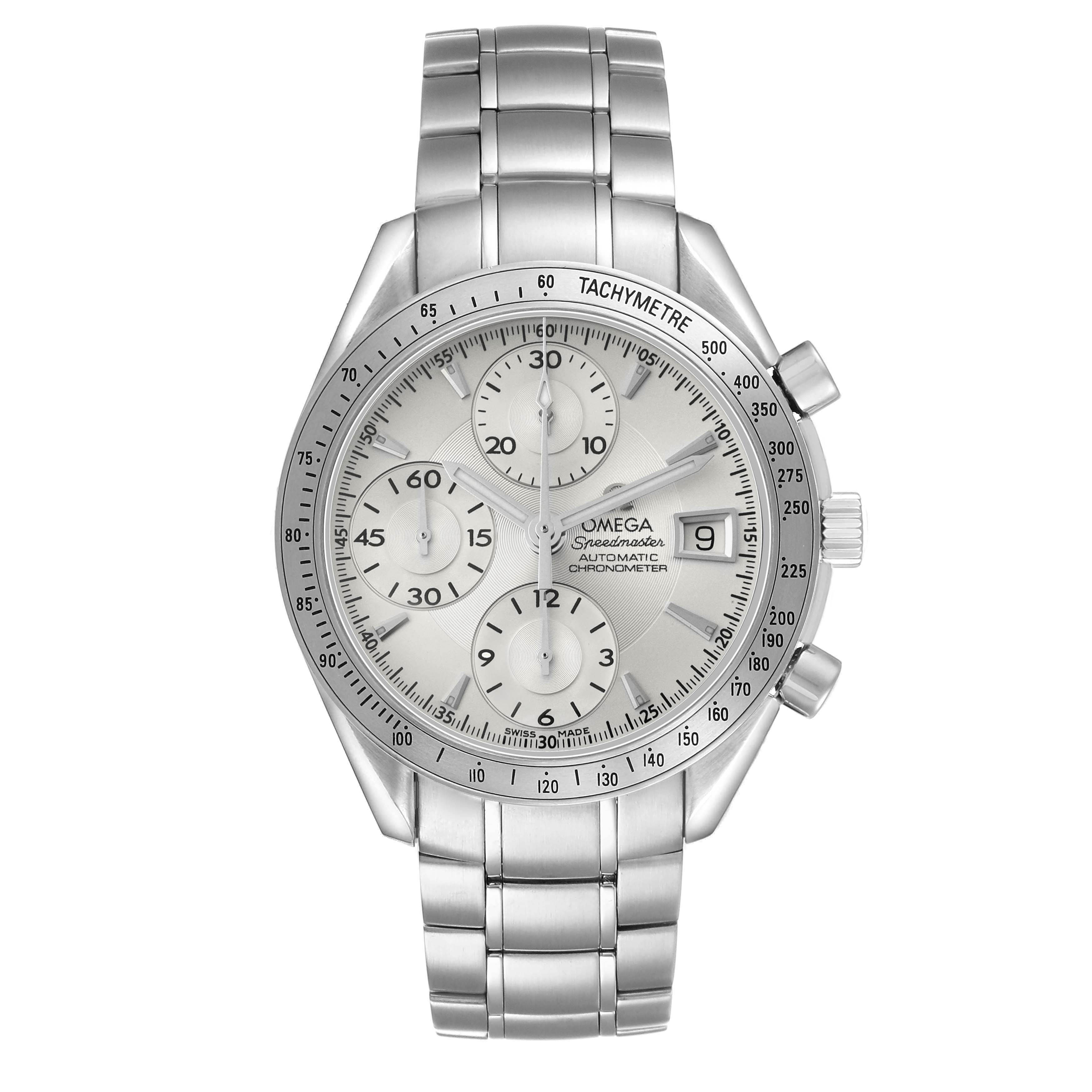 The Omega Speedmaster 3211.30.00 Men's Stainless Steel Silver Dial watch is shown from a frontal angle, displaying the dial, sub-dials, bezel, and bracelet.