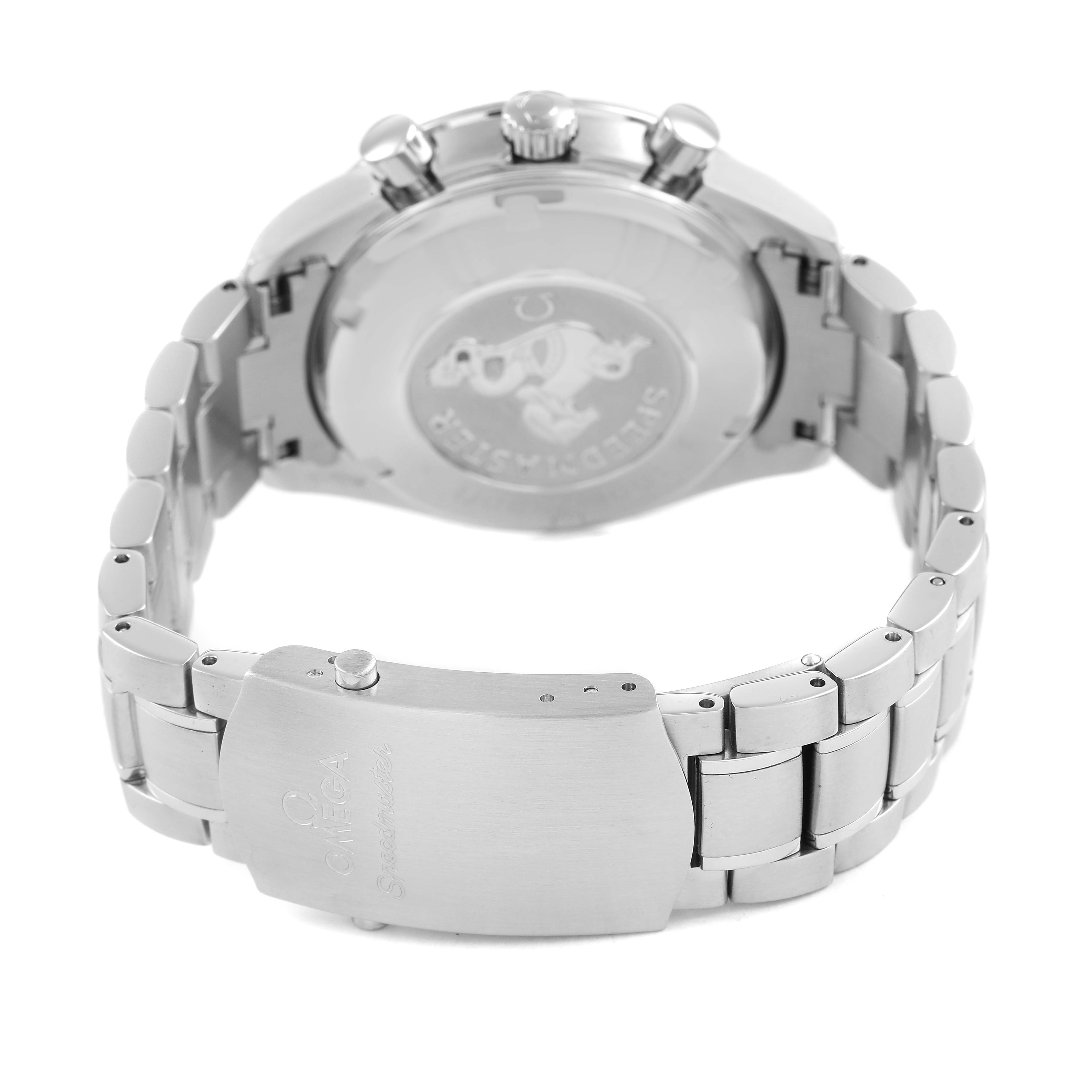 The image shows the rear angle of an Omega Speedmaster 3211.30.00 Men's Stainless Steel Silver Dial watch, focusing on the back case and stainless steel bracelet.