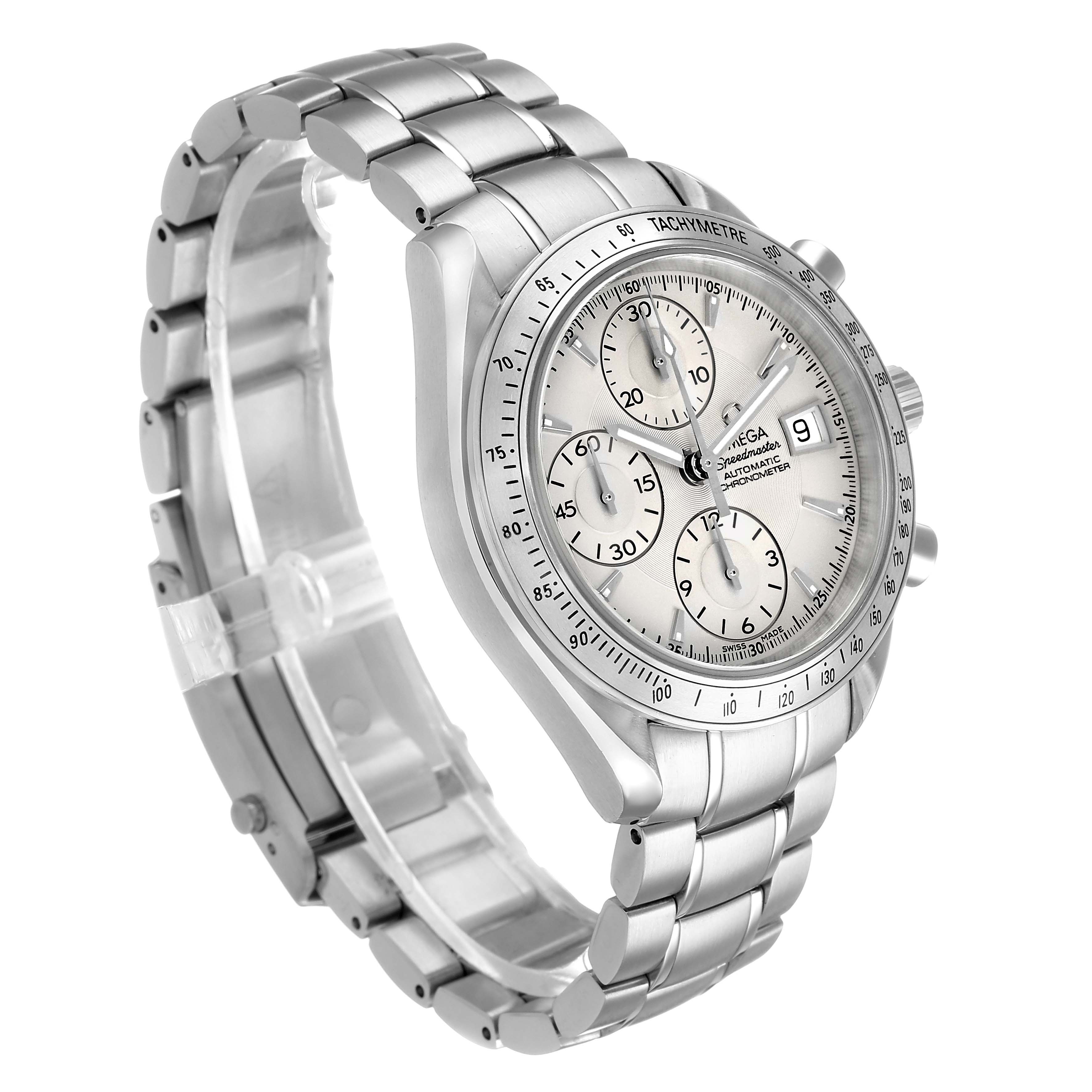 The image shows an Omega Speedmaster 3211.30.00 Men's Stainless Steel Silver Dial watch angled from the front-left, highlighting the face, bezel, and bracelet.