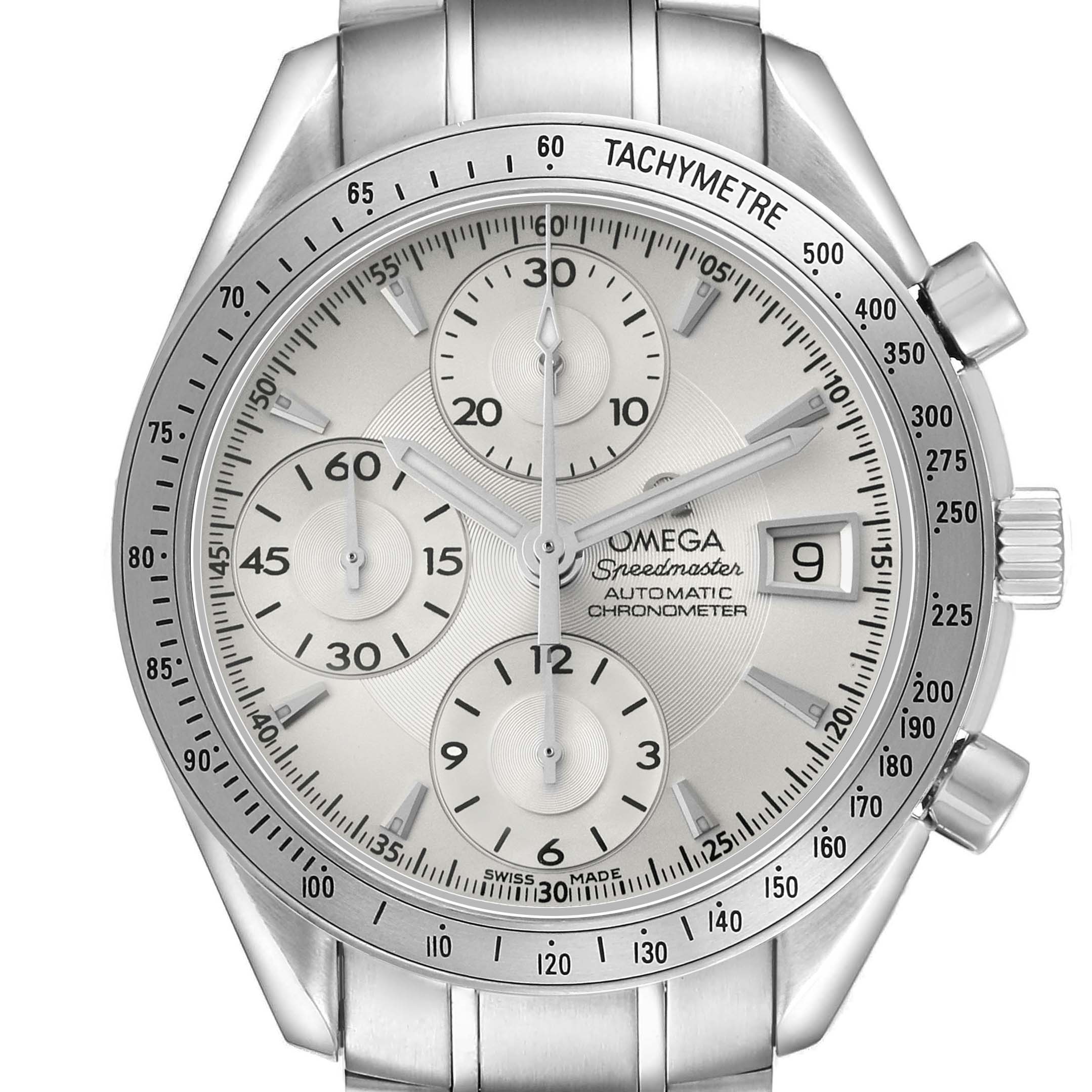 The Omega Speedmaster 3211.30.00 Men's Stainless Steel Silver Dial watch is shown from a front angle, displaying its dial, subdials, and tachymetre bezel.