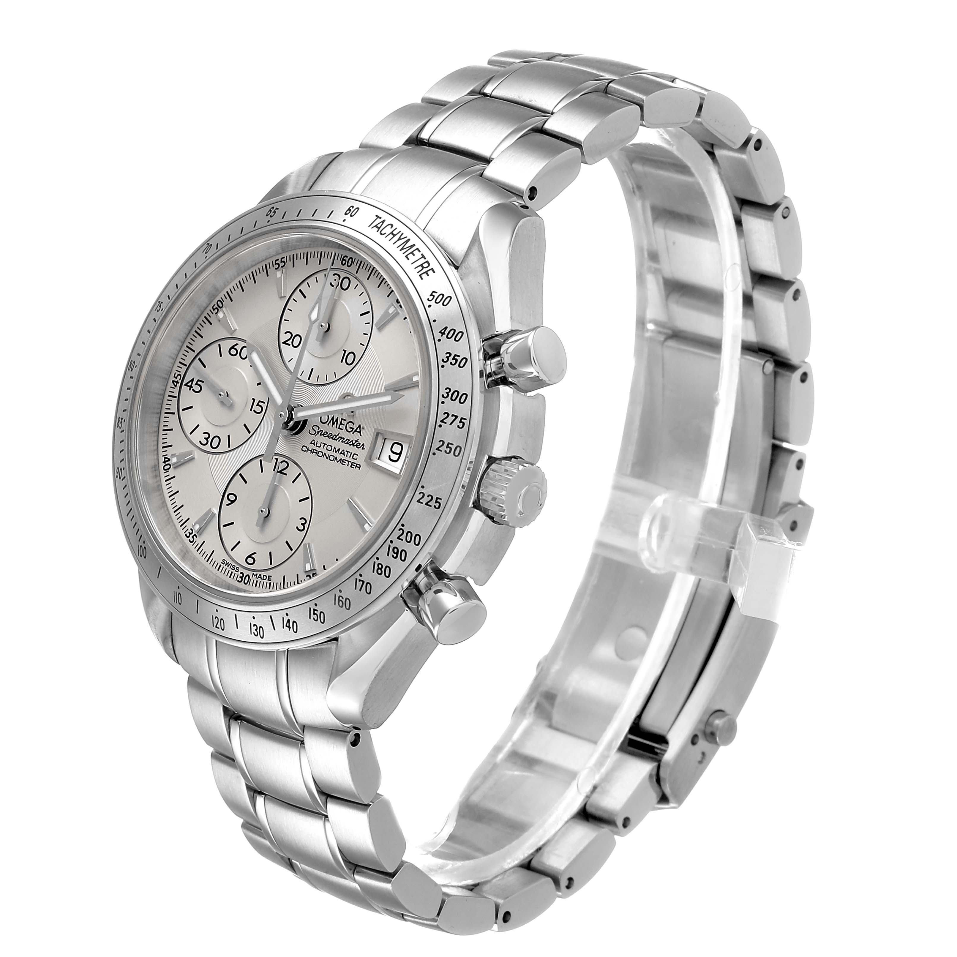 The Omega Speedmaster 3211.30.00 Men's Stainless Steel Silver Dial watch is shown at a three-quarter angle, displaying the face, bezel, pushers, crown, and bracelet.