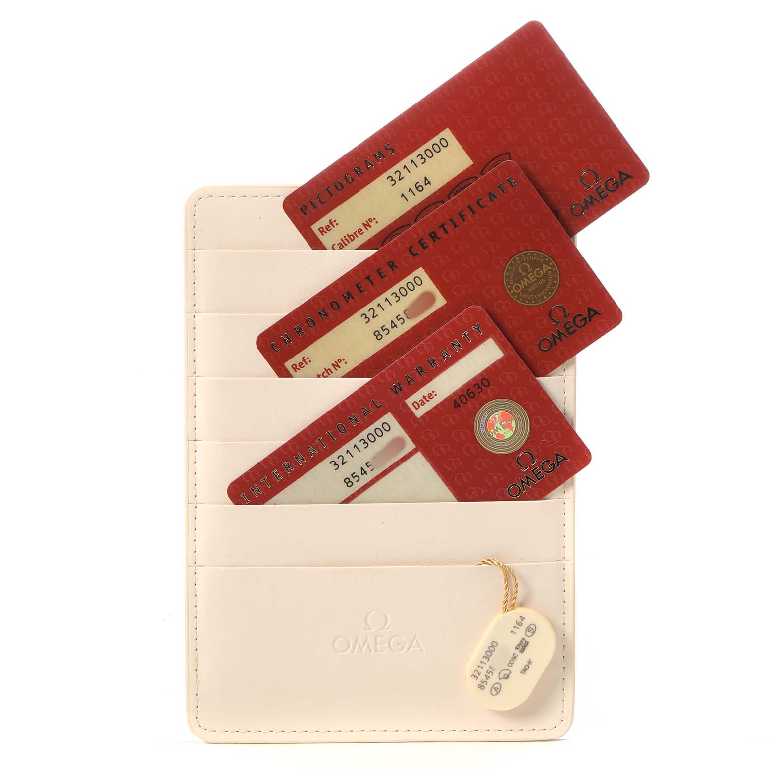 The image shows a wallet with Omega Speedmaster 3211.30.00 Men's Stainless Steel Silver Dial model cards: pictogram, chronometer certificate, and international warranty.