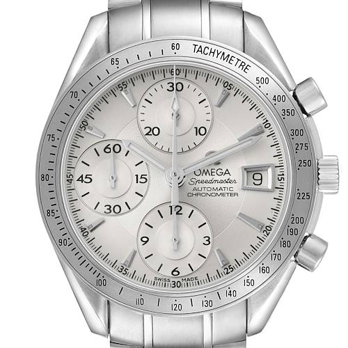 The Omega Speedmaster 3211.30.00 Men's Stainless Steel Silver Dial is shown from a direct front angle, highlighting the dial, chronograph subdials, and tachymeter bezel.