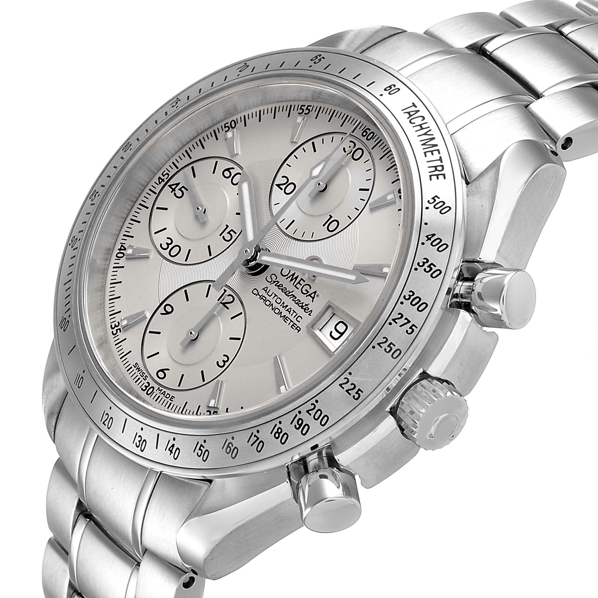 The Omega Speedmaster 3211.30.00 Men's Stainless Steel Silver Dial watch is shown at a slight angle, highlighting the dial, bezel, and metal bracelet.