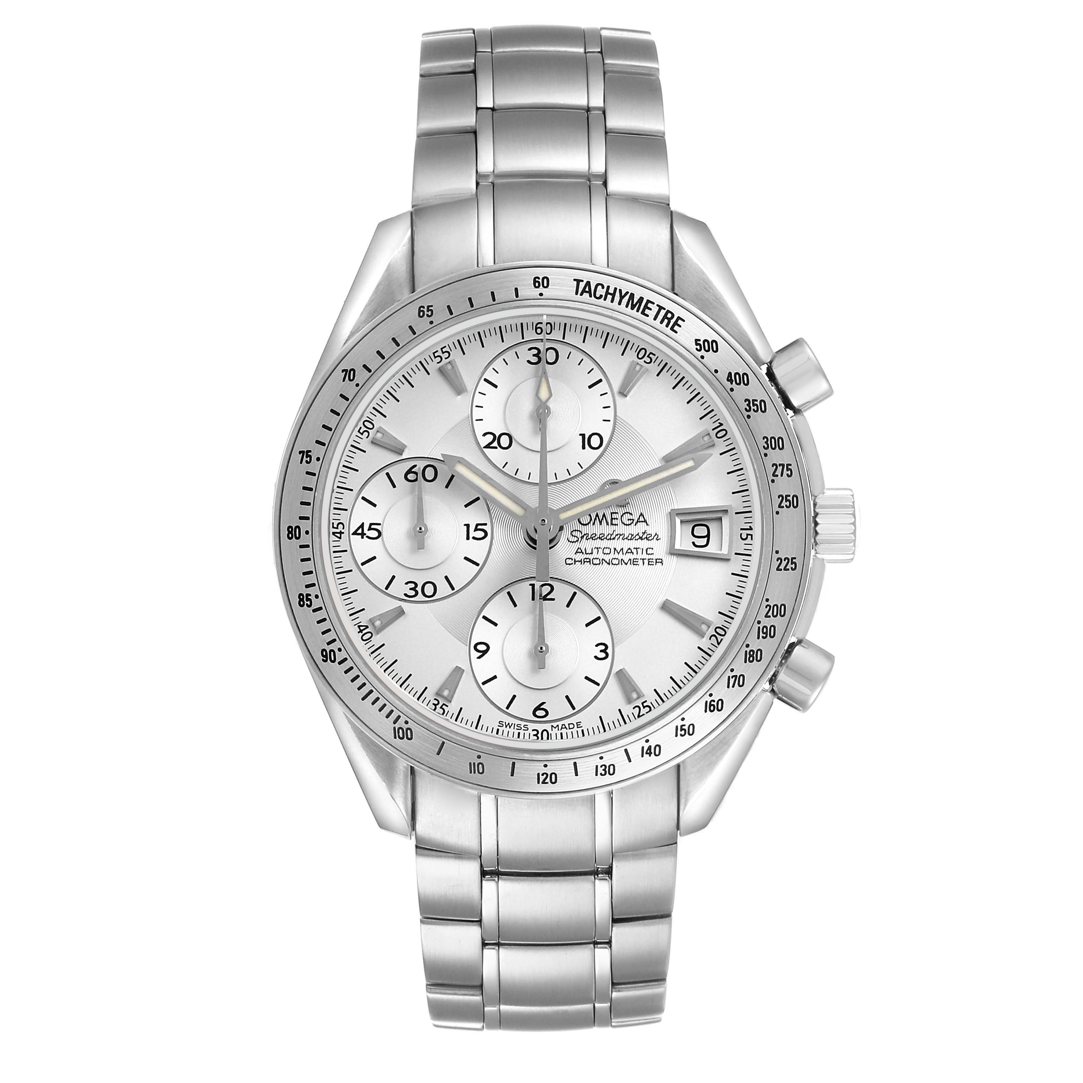 The Omega Speedmaster 3211.30.00 Men's Stainless Steel Silver Dial watch is shown from the front, displaying the bezel, chronograph subdials, and bracelet.