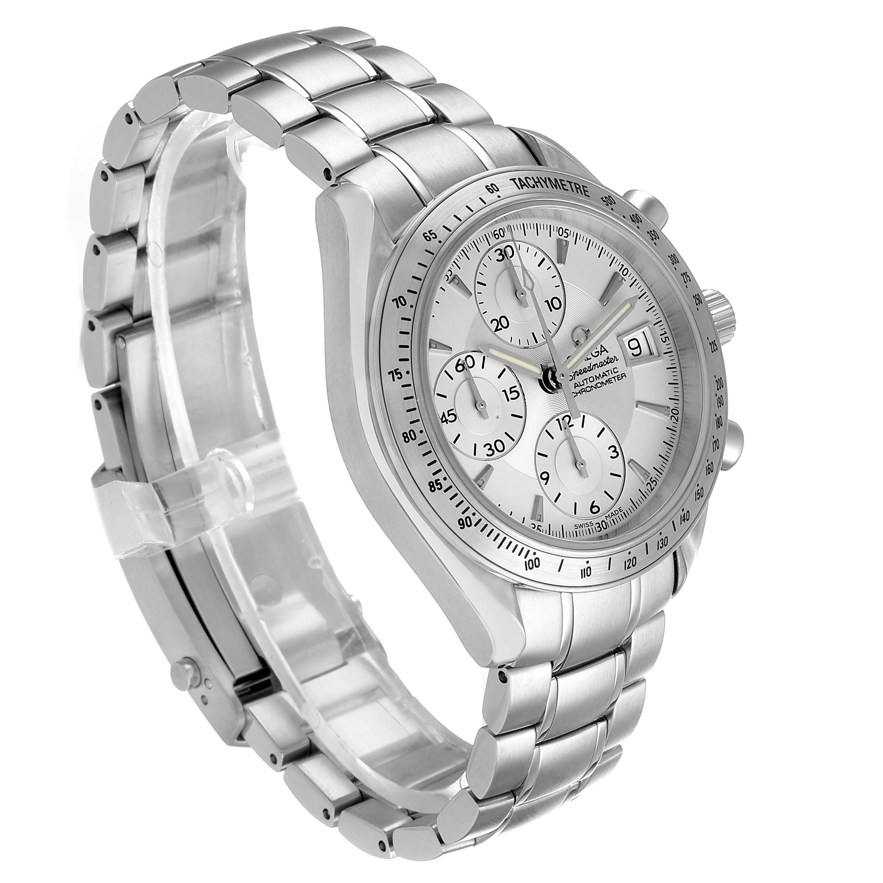 The Omega Speedmaster 3211.30.00 Men's Stainless Steel Silver Dial watch is shown at a three-quarter angle, displaying the face, tachymeter, and bracelet.