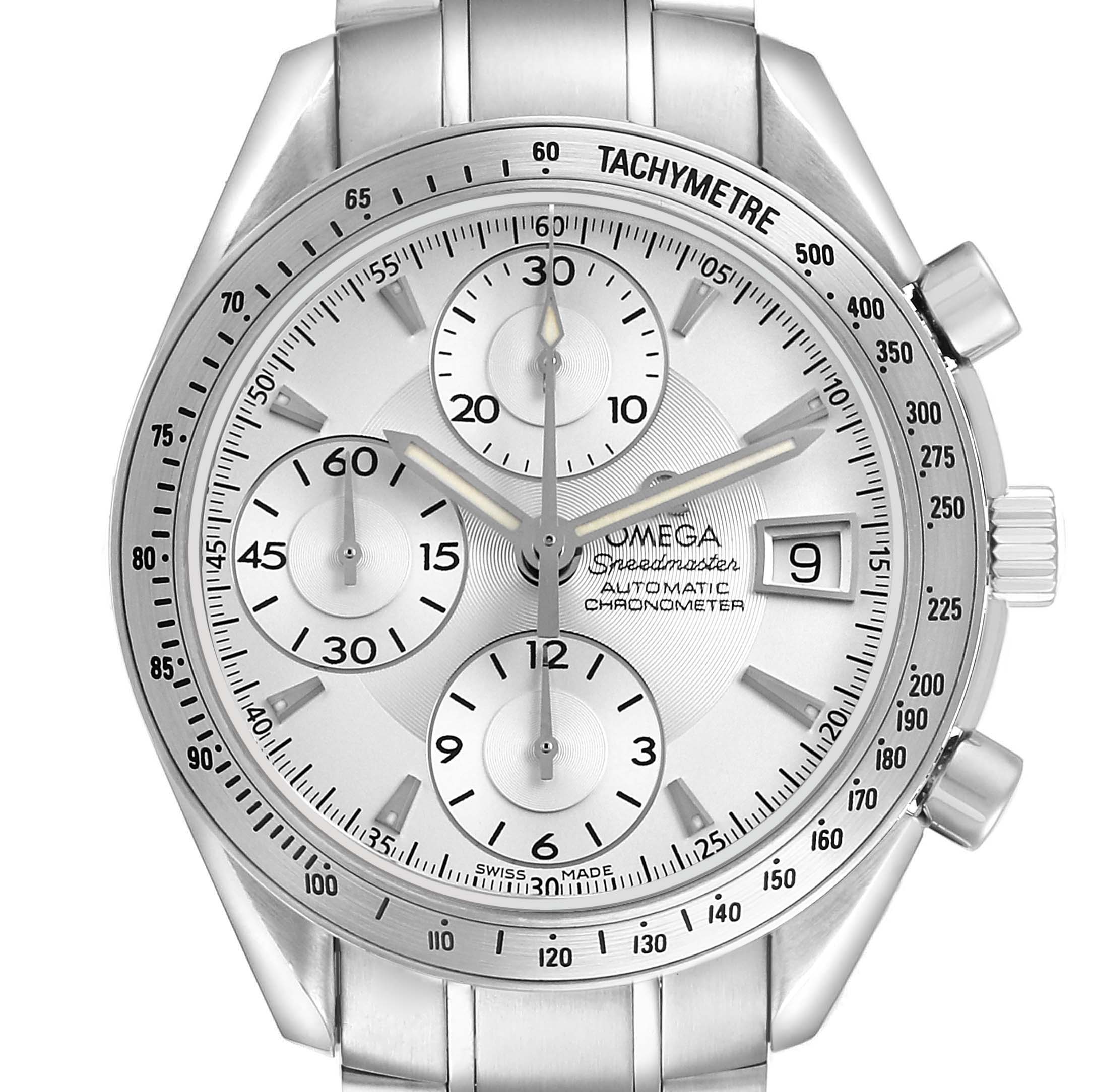The Omega Speedmaster 3211.30.00 Men's Stainless Steel Silver Dial watch is shown from a front angle, displaying the dial, subdials, date window, and tachymeter bezel.