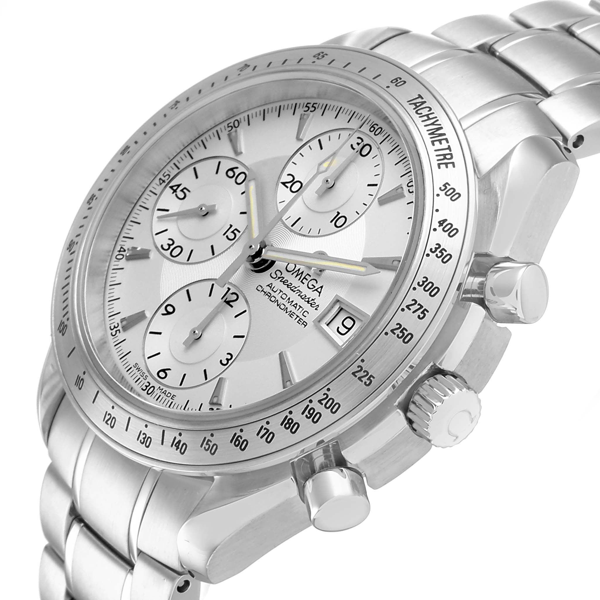 The Omega Speedmaster 3211.30.00 Men's Stainless Steel Silver Dial watch is shown at a slight angle, displaying the face, bezel, and pushers.