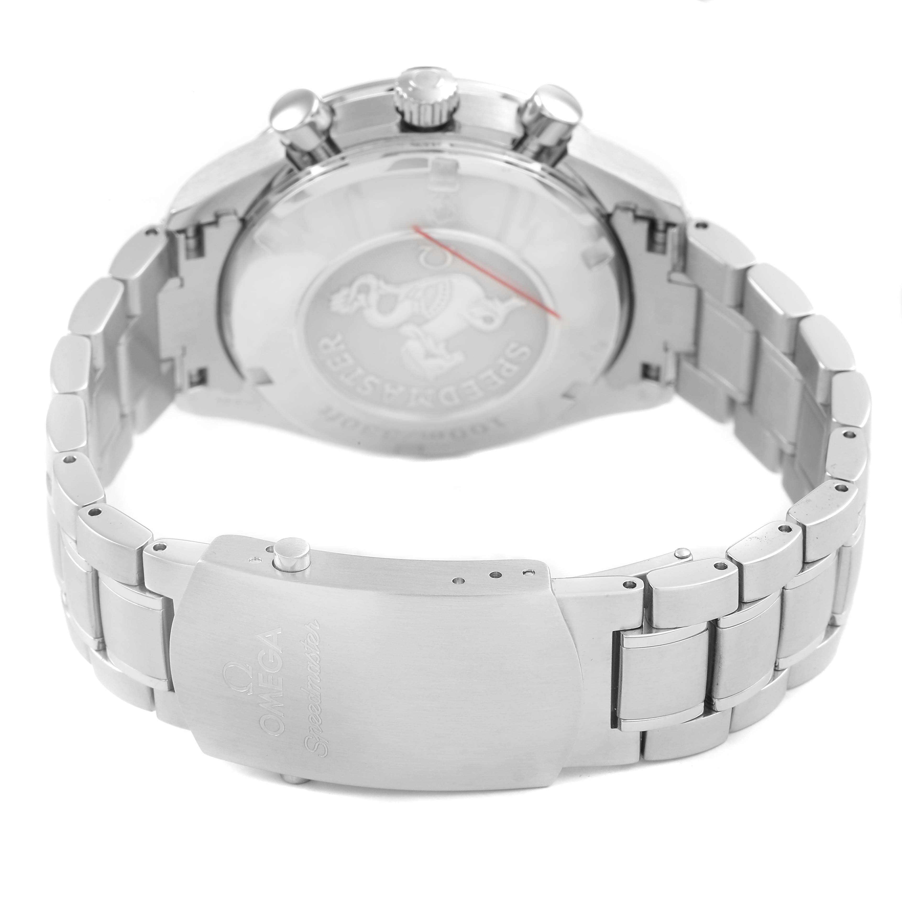 The image shows the back of the Omega Speedmaster 3211.30.00 Men's Stainless Steel Silver Dial, highlighting the clasp, bracelet, and caseback.
