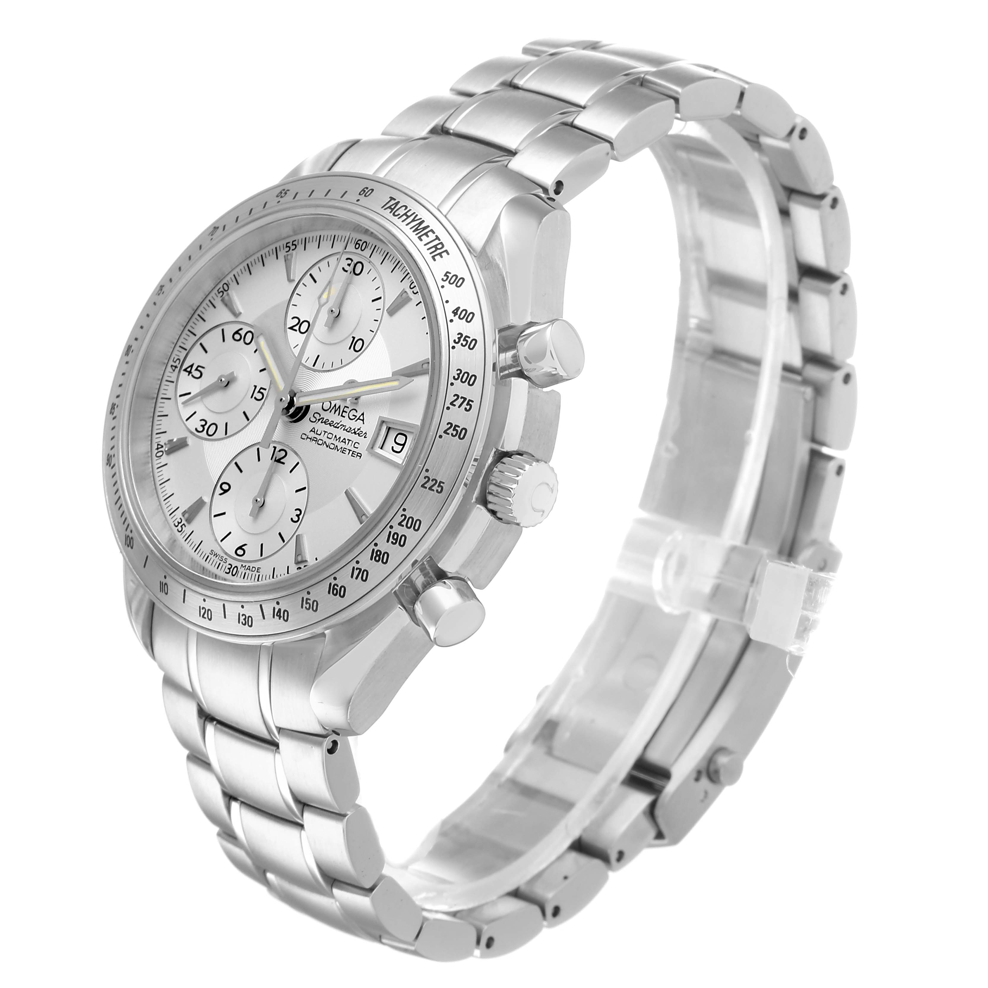 The Omega Speedmaster 3211.30.00 Men's Stainless Steel Silver Dial watch is shown at a three-quarter angle, highlighting its face, bezel, pushers, and bracelet.