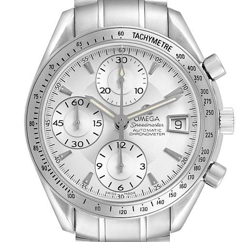 The Omega Speedmaster 3211.30.00 Men's Stainless Steel Silver Dial watch is shown from the front, displaying the dial, subdials, tachymeter bezel, and date window.