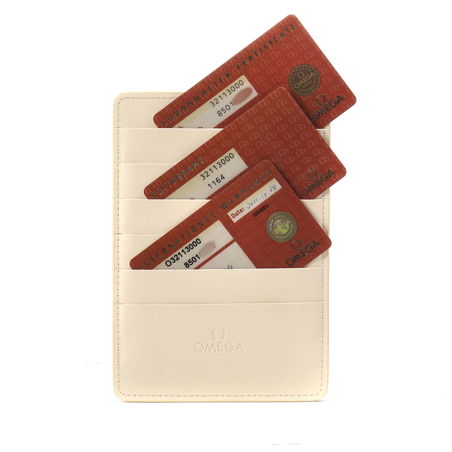 The image shows Omega Speedmaster 3211.30.00 Men's Stainless Steel Silver Dial watch warranty cards in a cream card holder.