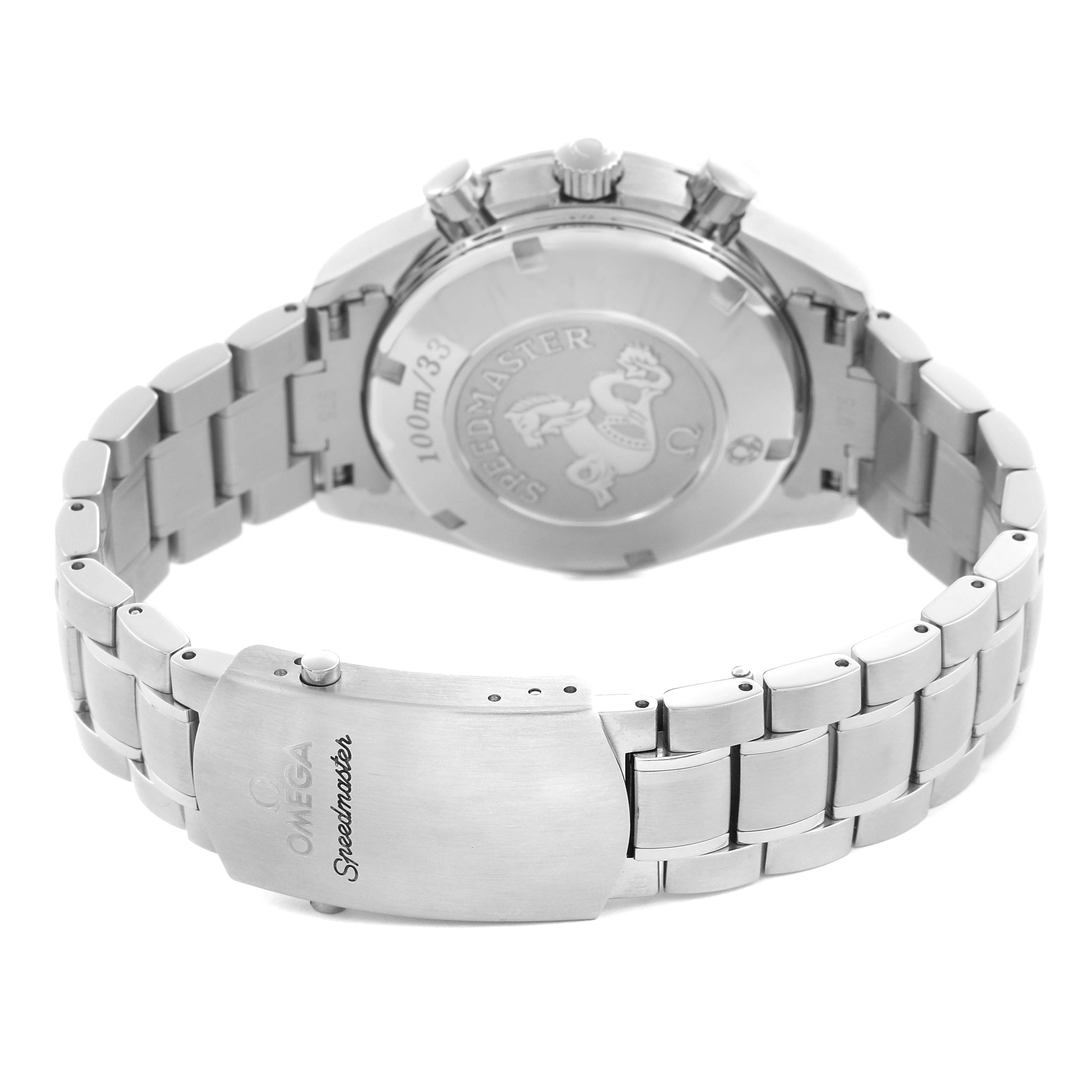 The Omega Speedmaster 323.30.40.40.04.001 Men
s Stainless Steel White Dial 323.30.40.40.04.001 Men
s Stainless Steel White Dial is shown from a rear angle, highlighting the case back and clasp of the bracelet.