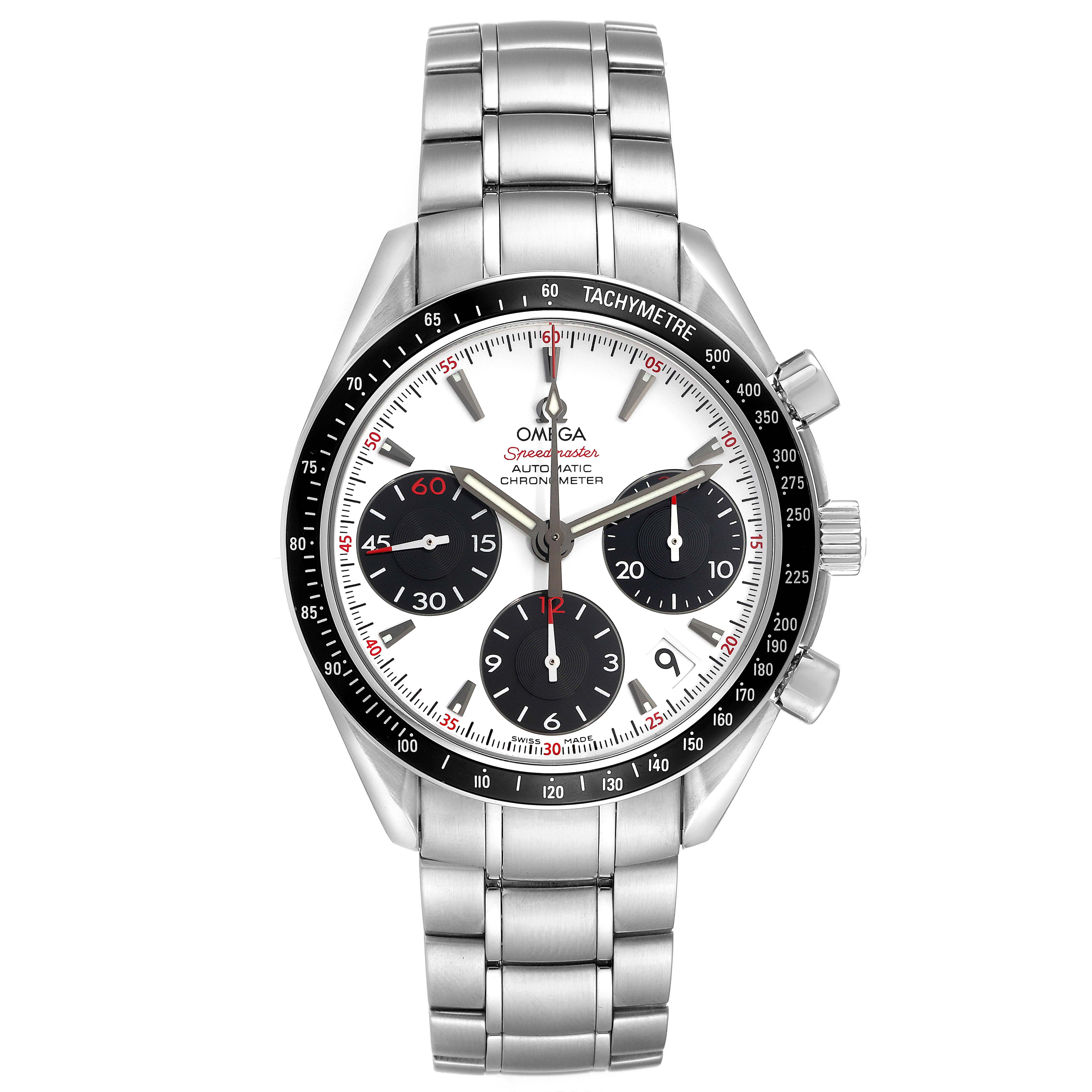 The Omega Speedmaster 323.30.40.40.04.001 Men
s Stainless Steel White Dial 323.30.40.40.04.001 Men
s Stainless Steel White Dial watch is shown from a front angle, displaying the face, bezel, and stainless steel bracelet.