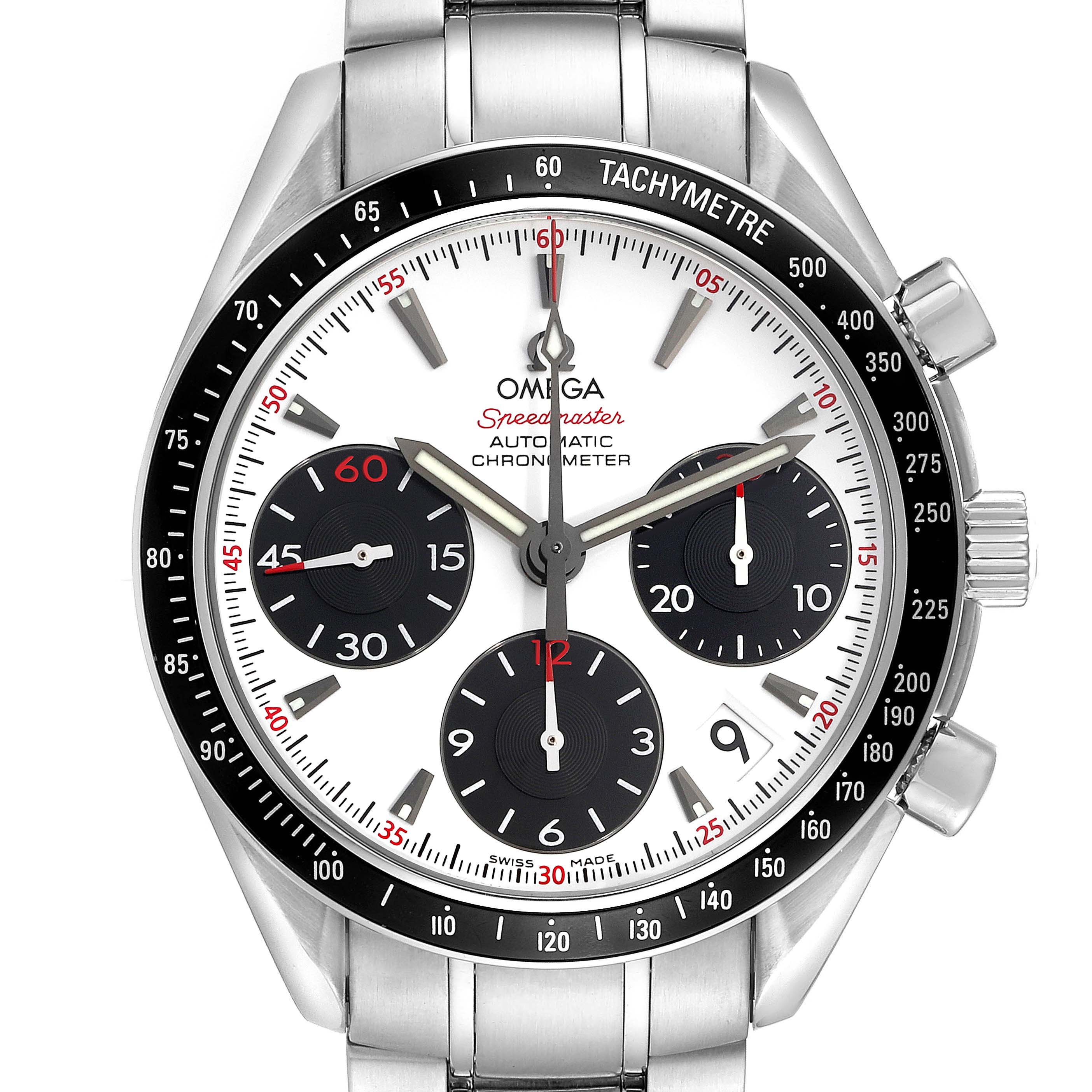 The Omega Speedmaster 323.30.40.40.04.001 Men
s Stainless Steel White Dial 323.30.40.40.04.001 Men
s Stainless Steel White Dial watch is shown from a front angle, displaying its bezel, dial, and subdials.