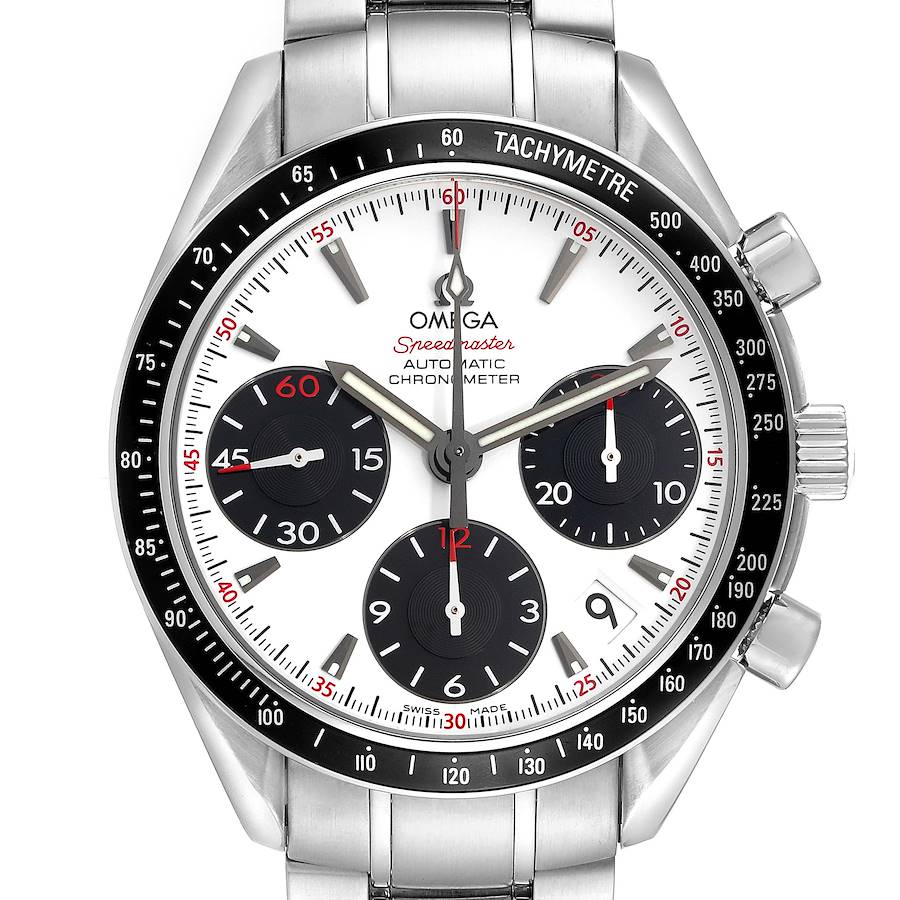 The Omega Speedmaster watch is shown from a front angle, displaying its bezel, dial, and subdials.