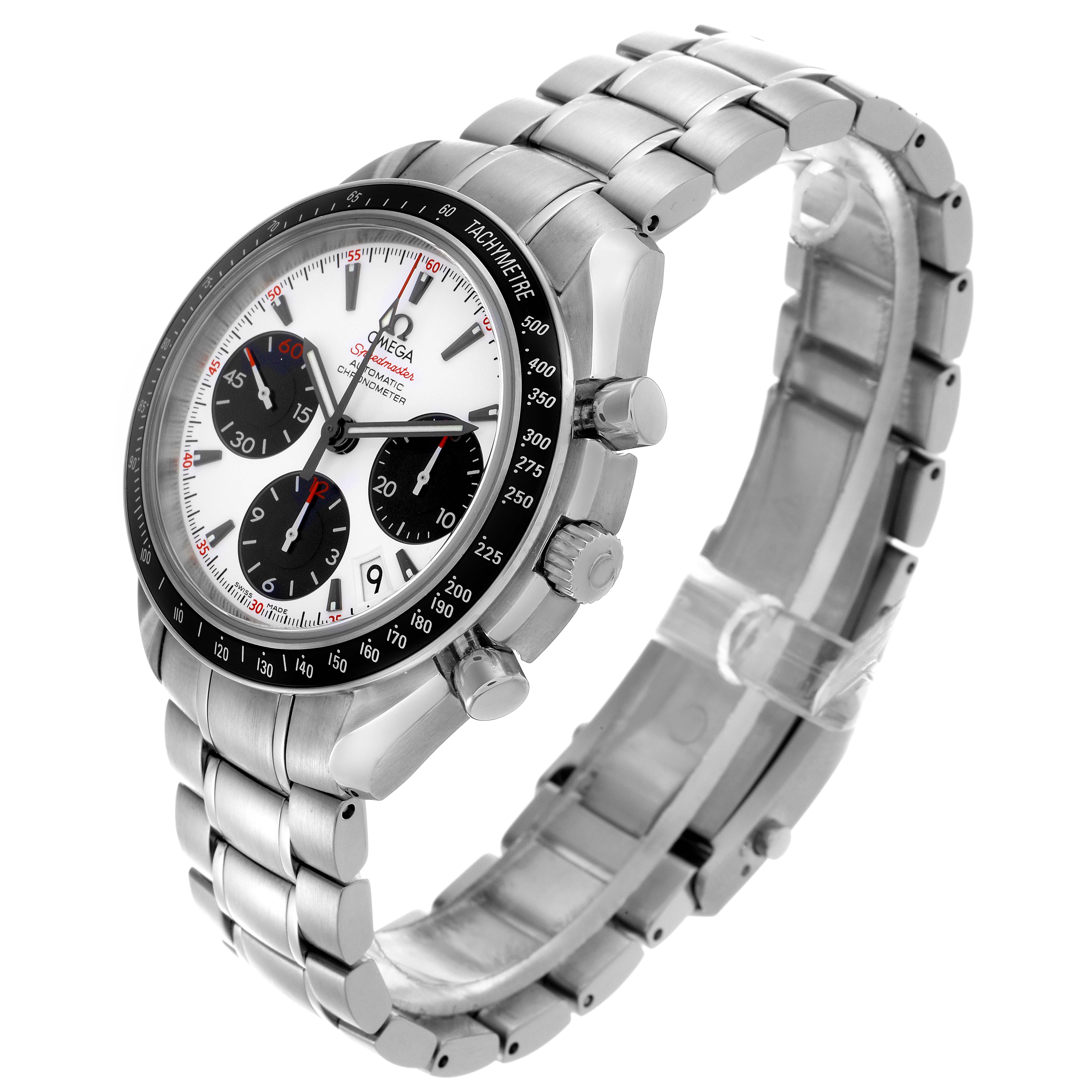 The Omega Speedmaster 323.30.40.40.04.001 Men
s Stainless Steel White Dial 323.30.40.40.04.001 Men
s Stainless Steel White Dial watch is shown at a three-quarter angle, highlighting the face, bezel, crown, pushers, and bracelet.