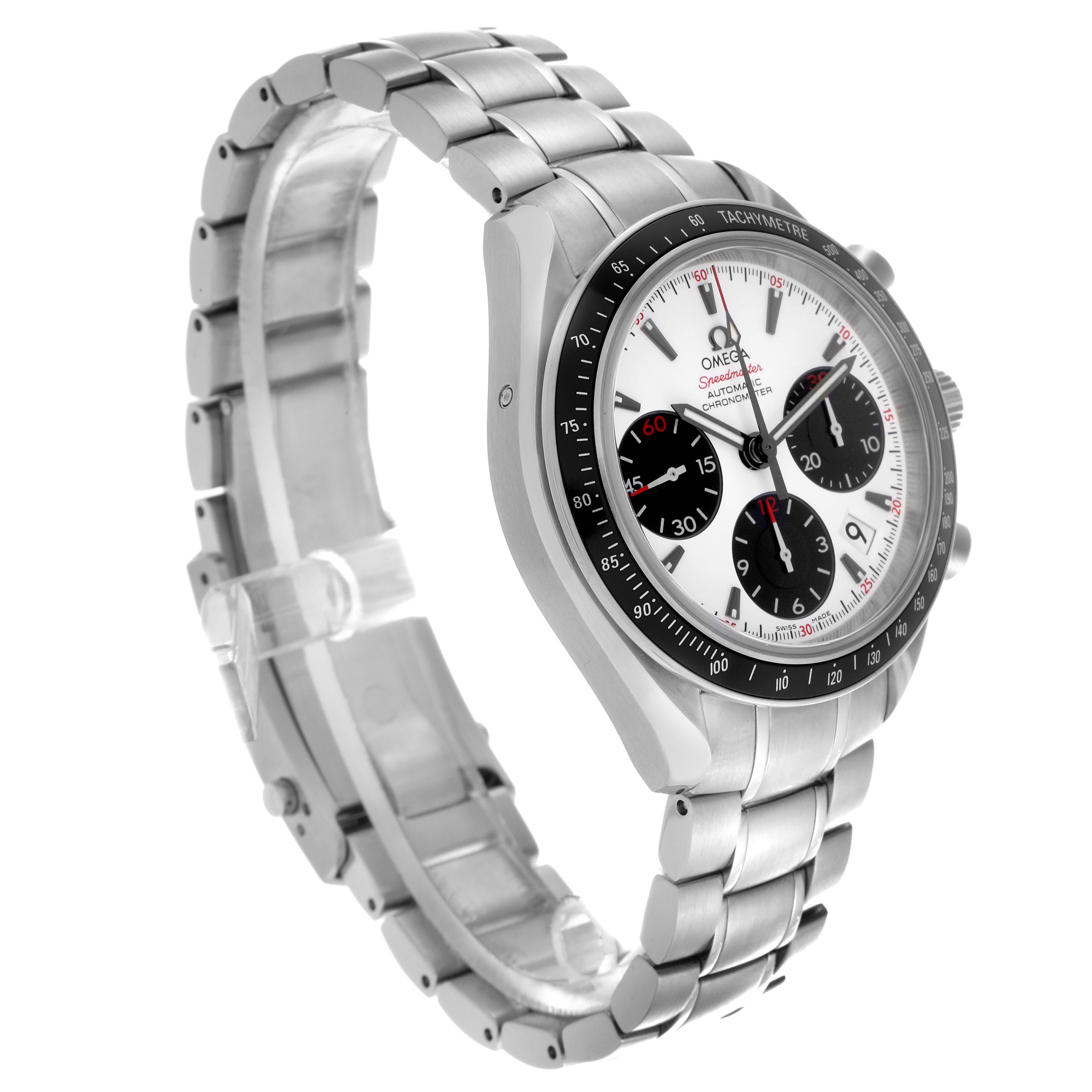 The Omega Speedmaster 323.30.40.40.04.001 Men
s Stainless Steel White Dial 323.30.40.40.04.001 Men
s Stainless Steel White Dial watch is shown at a three-quarter angle, highlighting the face, bezel, and stainless steel bracelet.