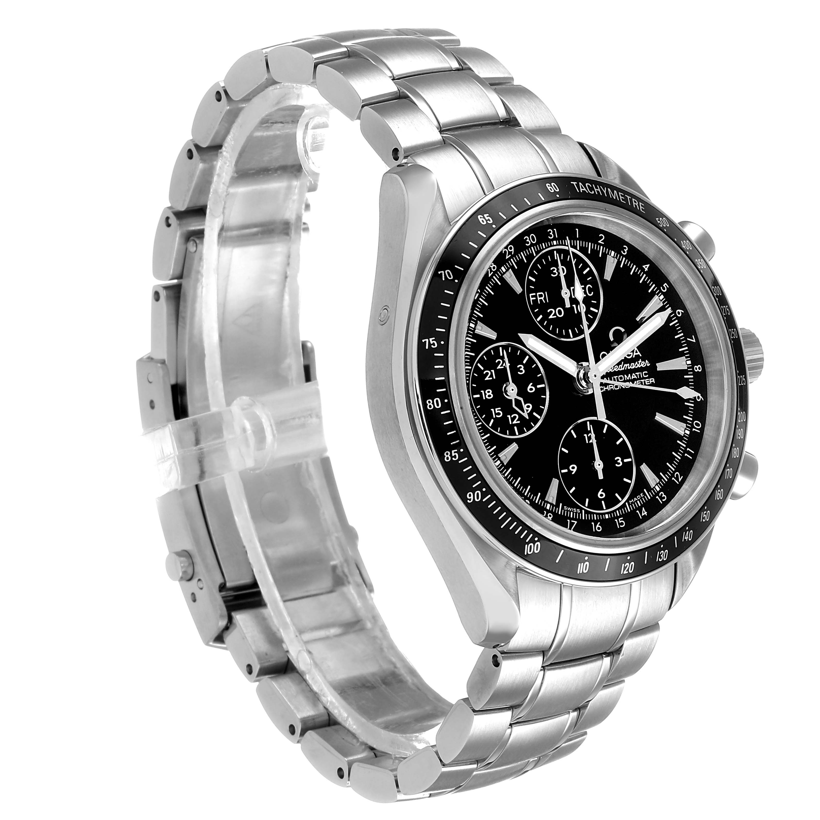 The Omega Speedmaster 3220.50.00 Men's Stainless Steel Black Dial is shown at a three-quarter angle, highlighting its face, bracelet, and side pushers.