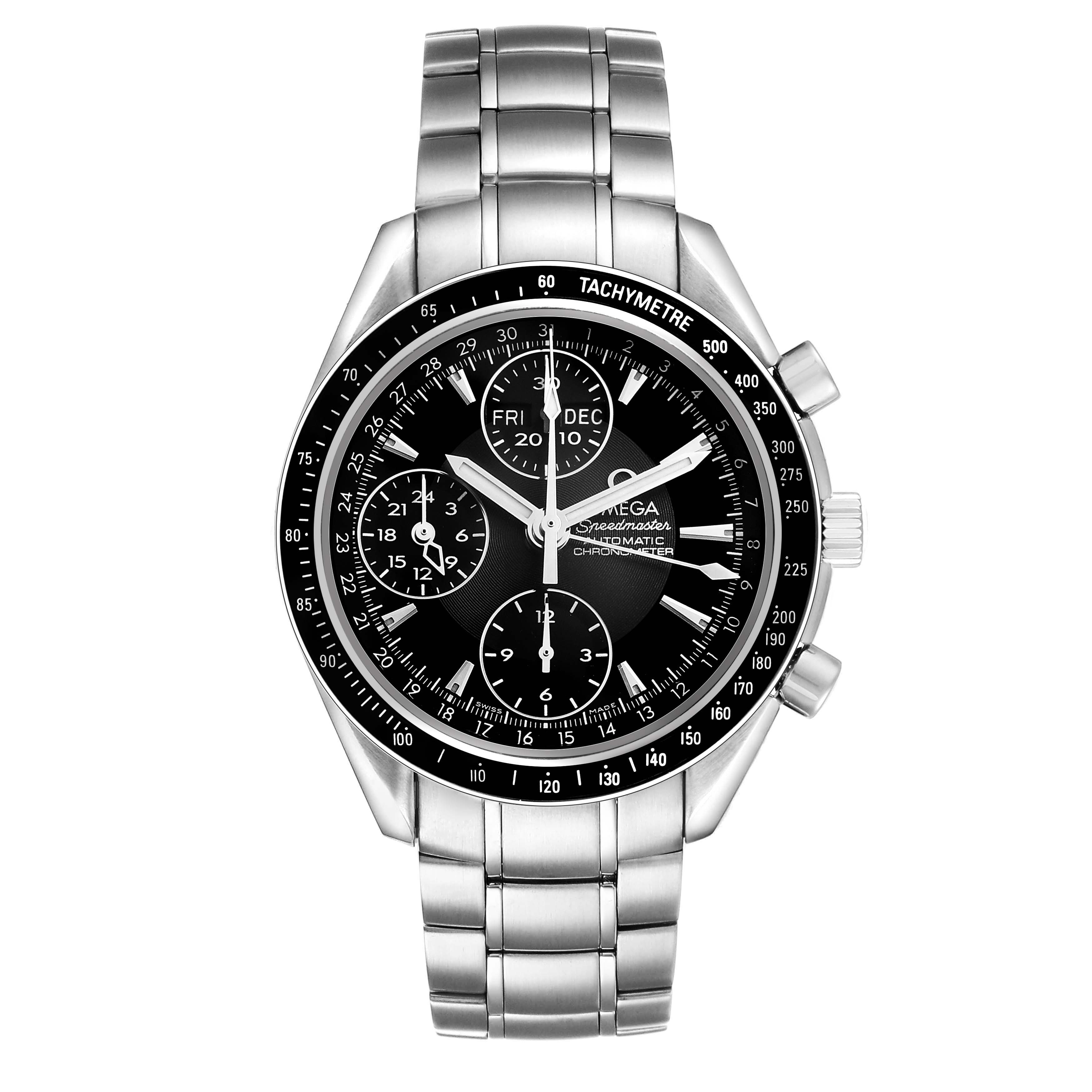 The image shows a front view of the Omega Speedmaster 3220.50.00 Men's Stainless Steel Black Dial watch, displaying the dial, subdials, bezel, bracelet, and pushers.
