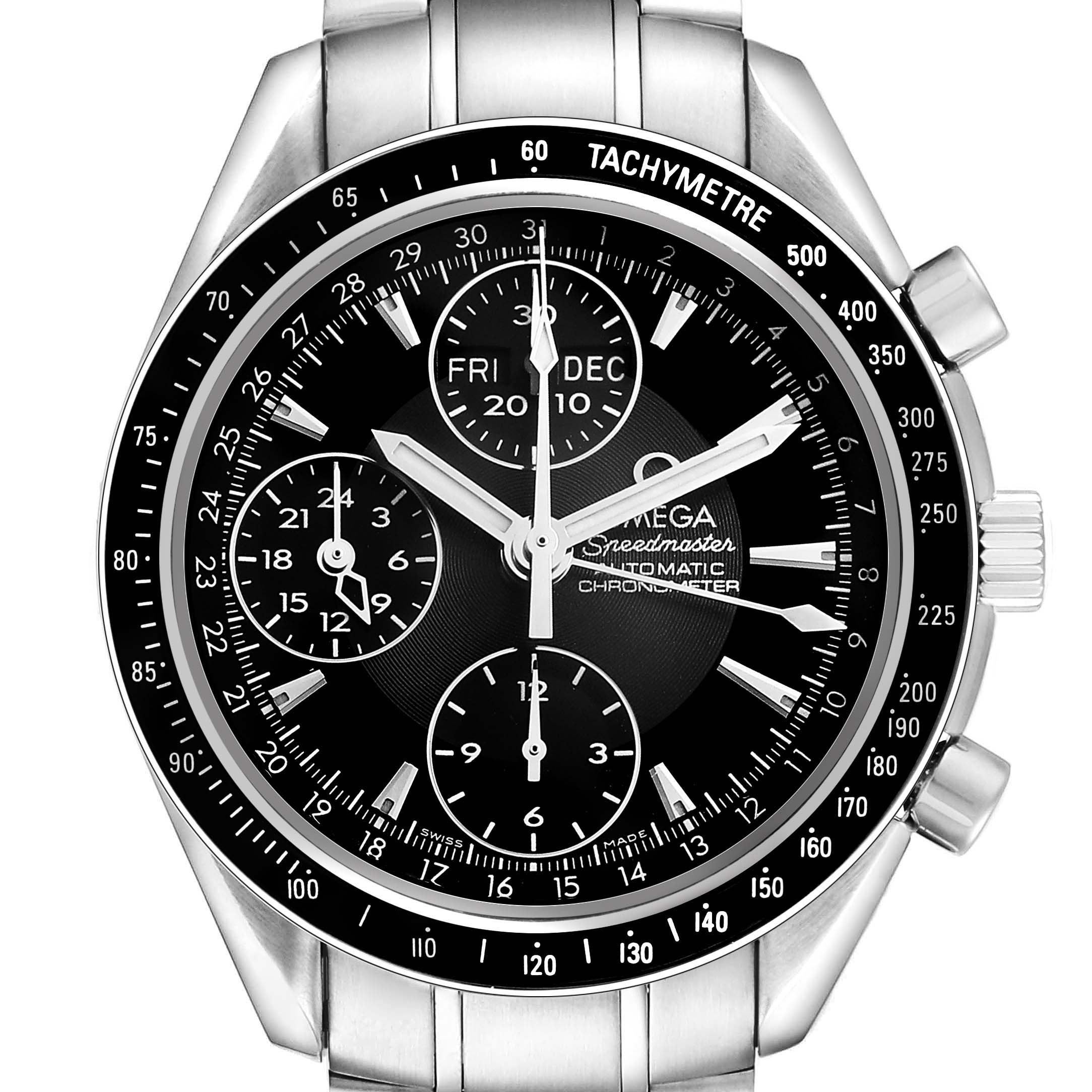 The image shows a frontal view of the Omega Speedmaster 3220.50.00 Men's Stainless Steel Black Dial watch, highlighting the dial, tachymeter bezel, and buttons.