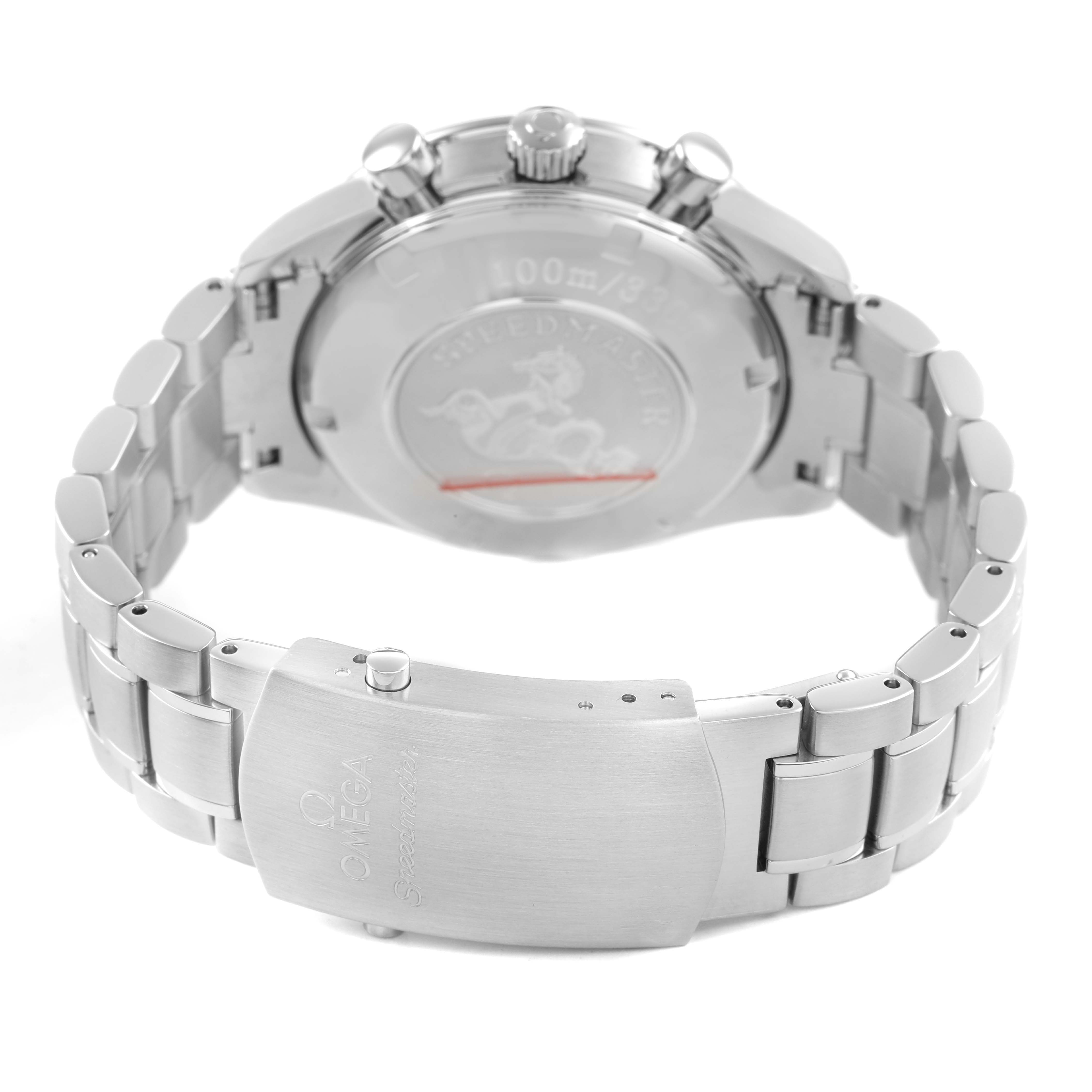 The Omega Speedmaster 3220.50.00 Men's Stainless Steel Black Dial is shown from the back, displaying the case back, crown, pushers, and metal bracelet with the clasp.