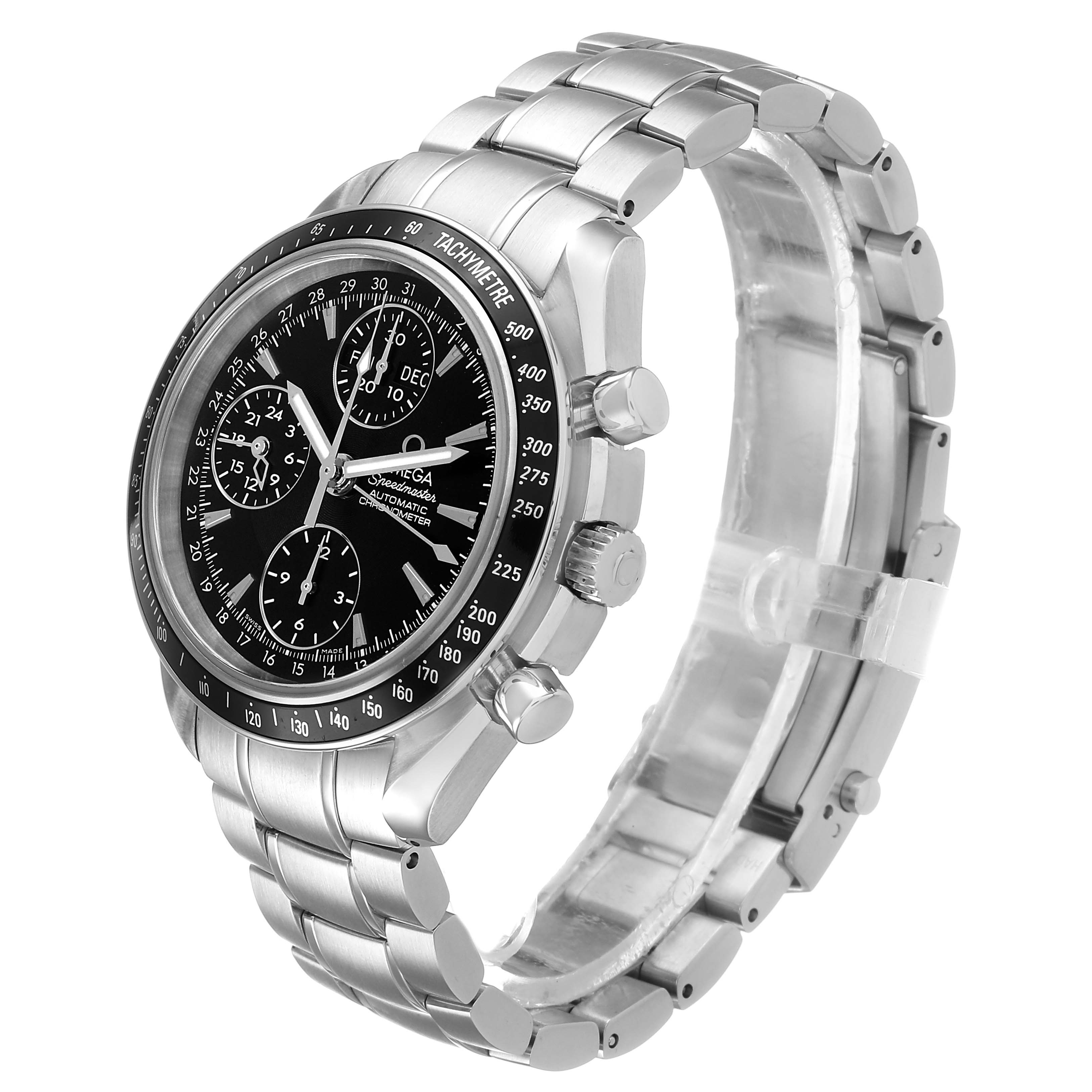 The Omega Speedmaster 3220.50.00 Men's Stainless Steel Black Dial watch is shown at a slight angle, displaying the face, bezel, pushers, and part of the bracelet.