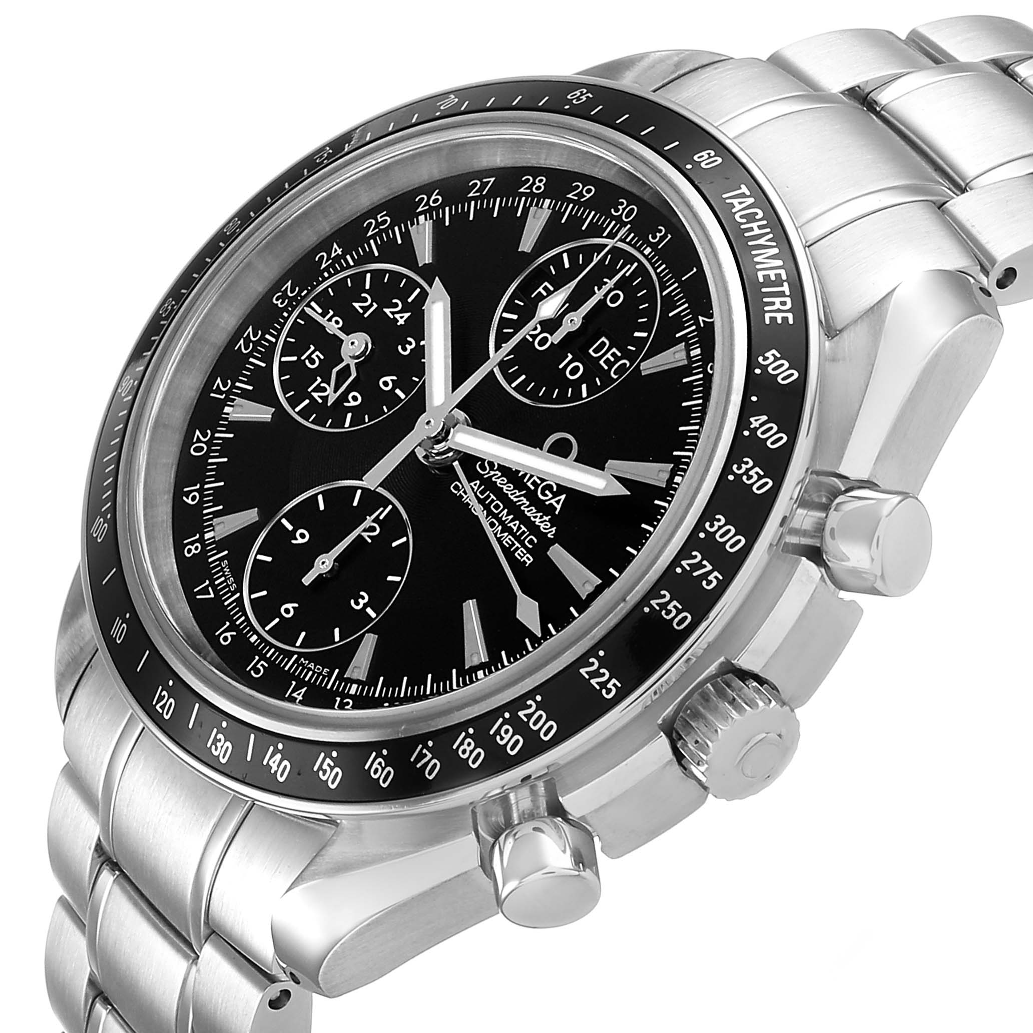 The Omega Speedmaster 3220.50.00 Men's Stainless Steel Black Dial watch is shown at an angled side view, displaying the face, tachymeter bezel, subdials, and stainless steel bracelet.
