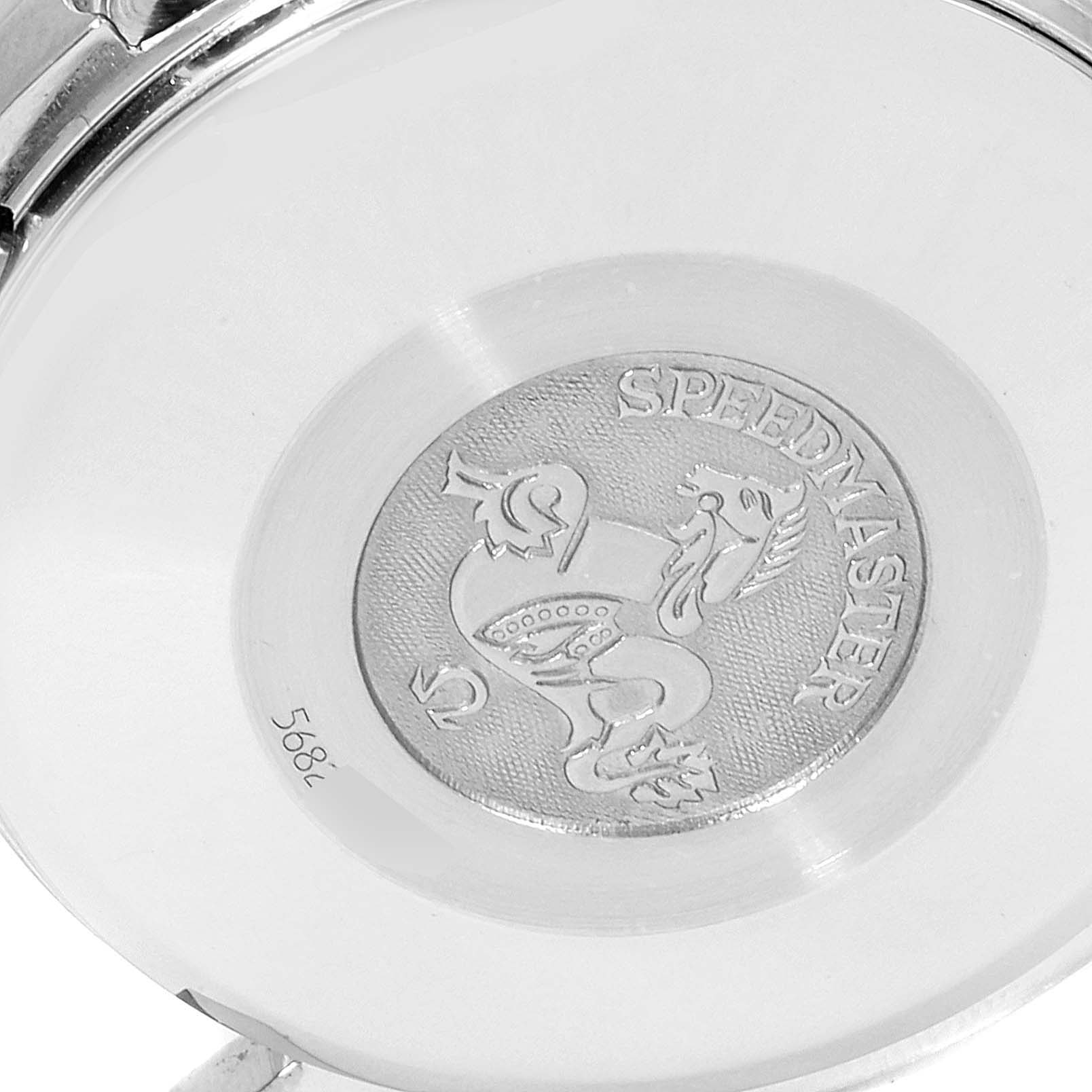 The image shows the engraved case back of an Omega Speedmaster 3513.33.00 Men
s Stainless Steel White Dial 3513.33.00 Men
s Stainless Steel White Dial watch.