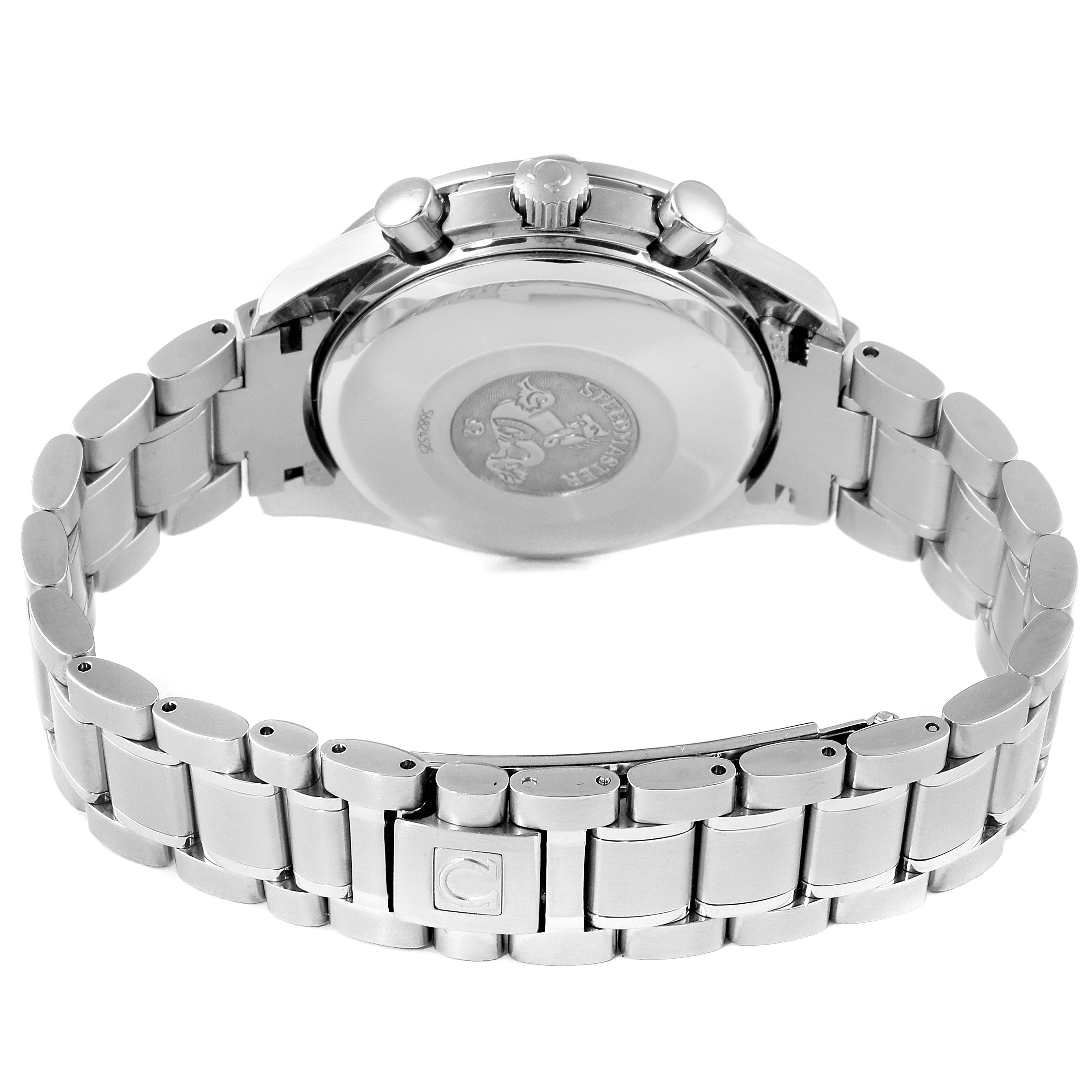 This image shows the back case and bracelet of an Omega Speedmaster 3513.33.00 Men
s Stainless Steel White Dial 3513.33.00 Men
s Stainless Steel White Dial watch, viewed from the rear.