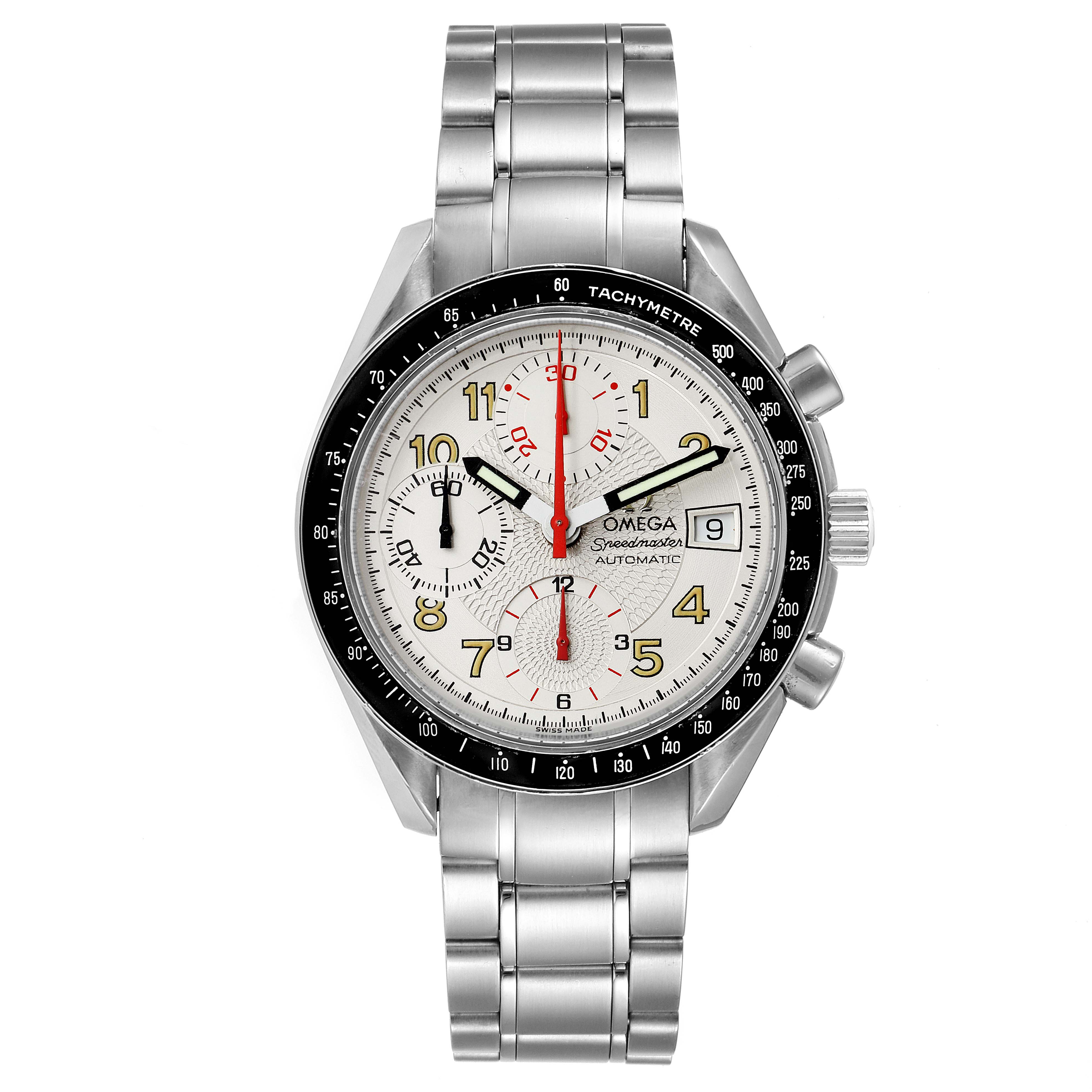 The image shows a frontal view of an Omega Speedmaster 3513.33.00 Men
s Stainless Steel White Dial 3513.33.00 Men
s Stainless Steel White Dial watch, featuring its dial, tachymeter bezel, and stainless steel bracelet.