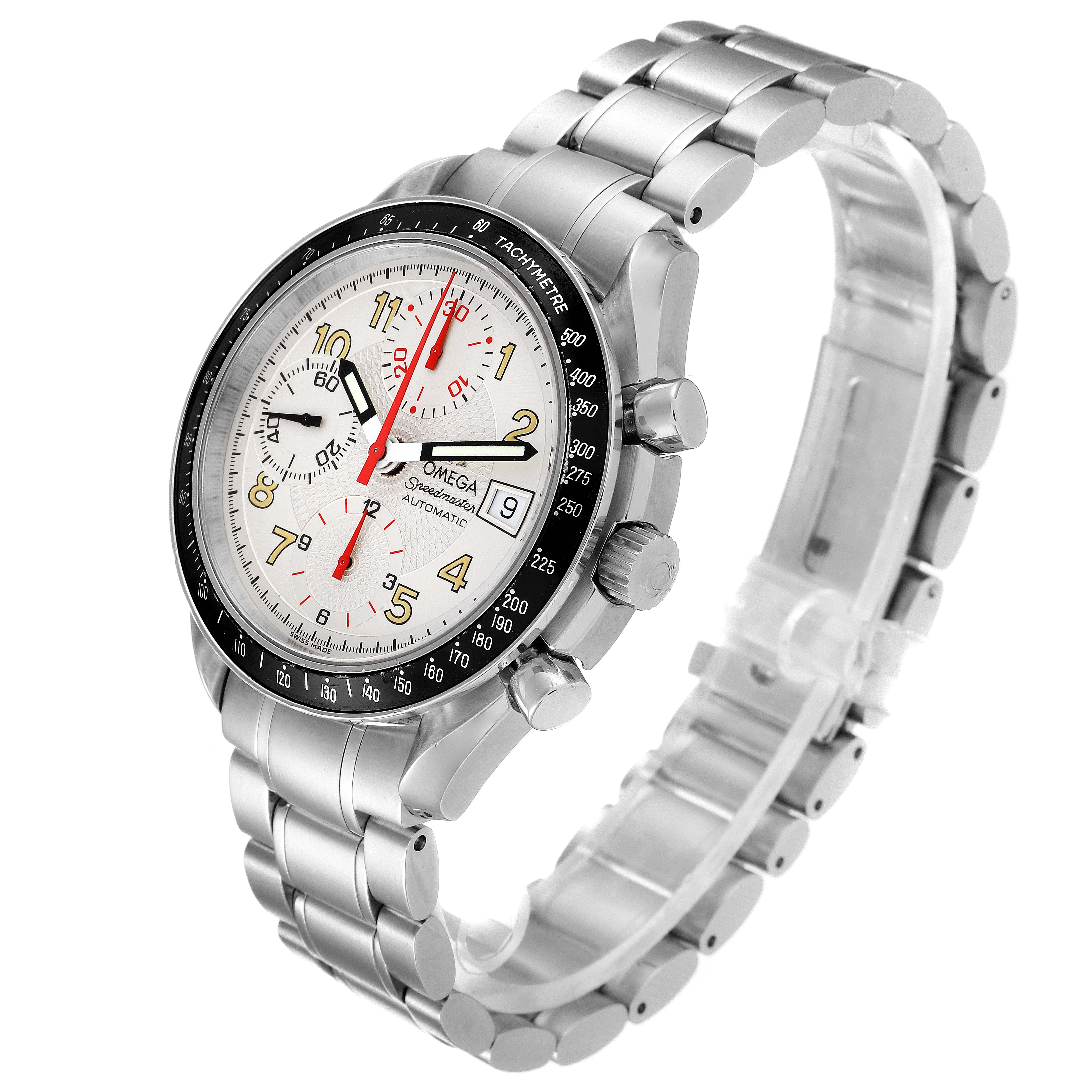 This image shows the Omega Speedmaster 3513.33.00 Men
s Stainless Steel White Dial 3513.33.00 Men
s Stainless Steel White Dial watch from a three-quarter angle accentuating the face and stainless steel bracelet.