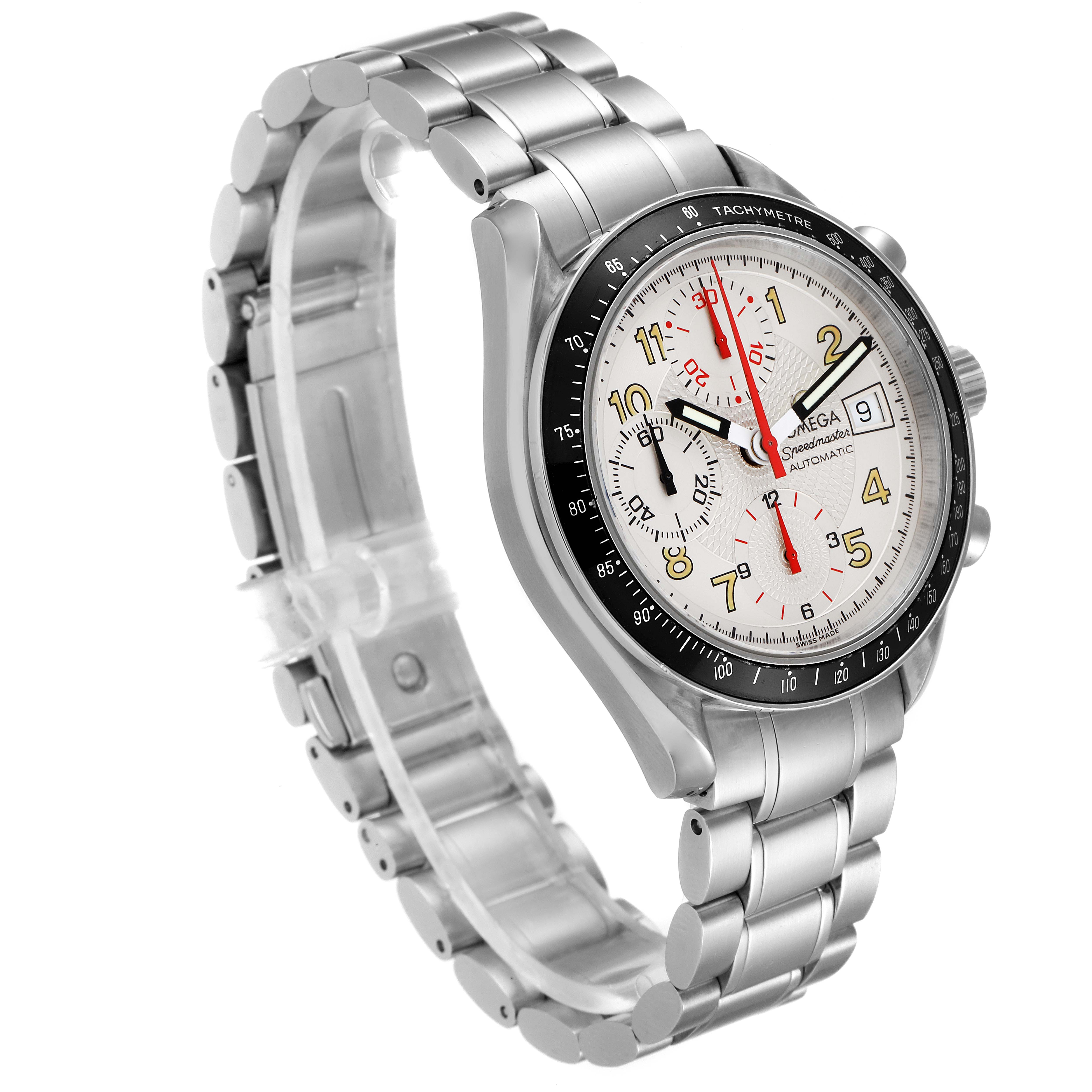 The Omega Speedmaster 3513.33.00 Men
s Stainless Steel White Dial 3513.33.00 Men
s Stainless Steel White Dial watch is shown at a three-quarter angle, displaying the face, bezel, and stainless steel bracelet.