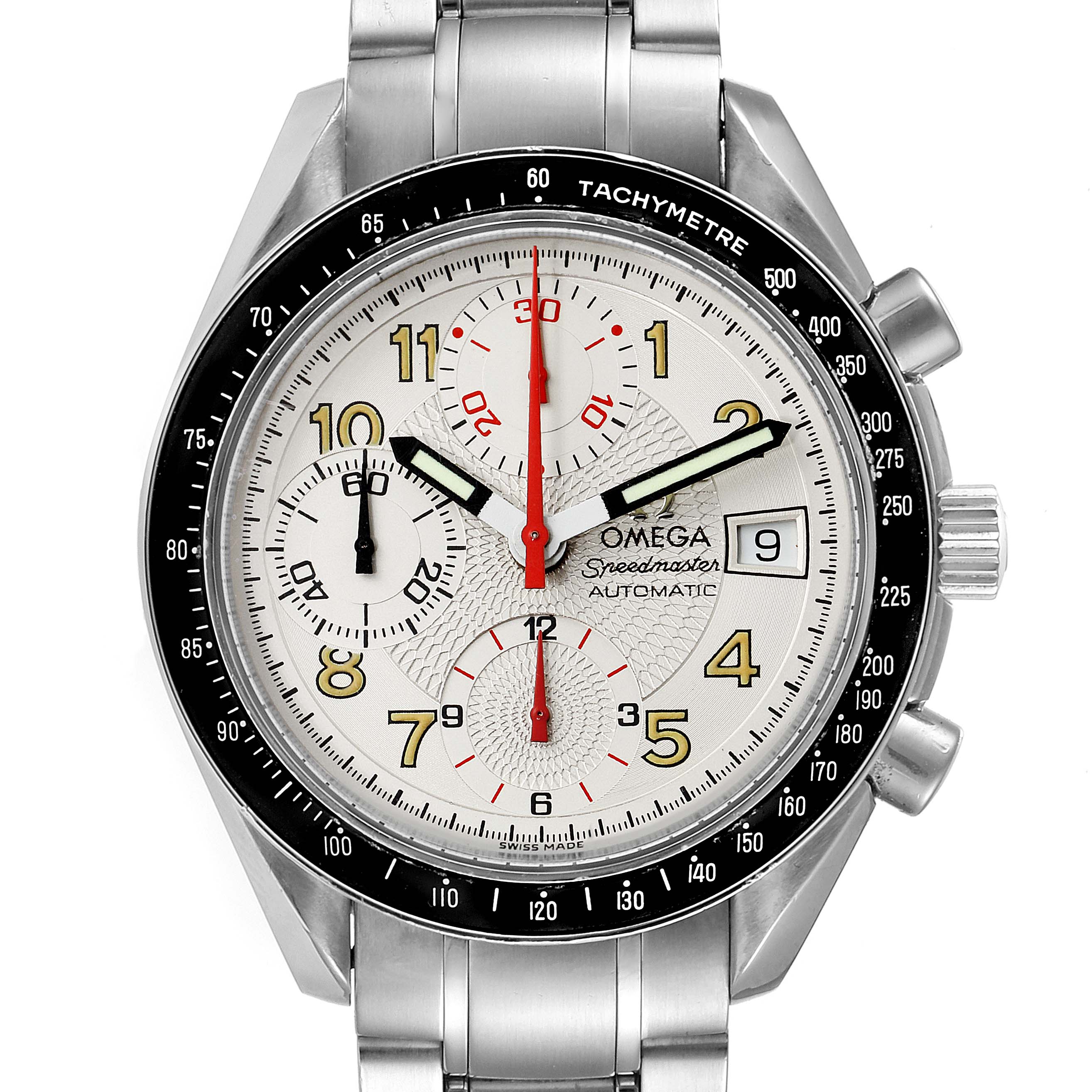 The image shows a front view of the Omega Speedmaster 3513.33.00 Men
s Stainless Steel White Dial 3513.33.00 Men
s Stainless Steel White Dial, highlighting its dial, chronograph sub-dials, and tachymetre bezel.
