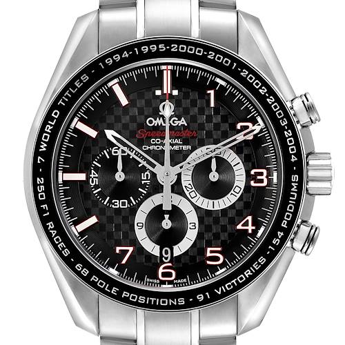 The Omega Speedmaster 321.30.44.50.01.001 Men's Stainless Steel Black Dial watch is shown from the front, highlighting the dial, bezel, and chronograph subdials.