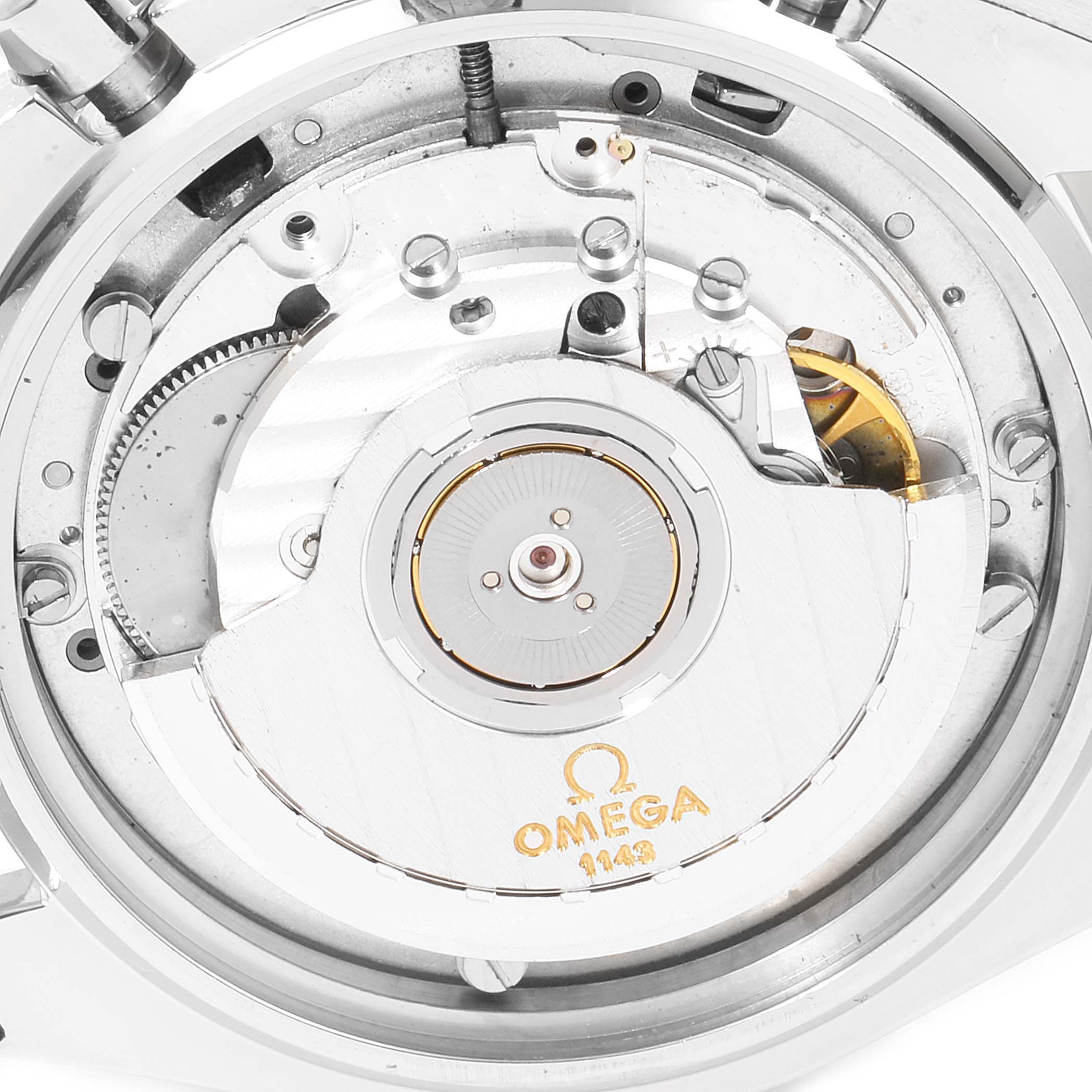 The image shows a detailed close-up of the movement mechanism of an Omega Speedmaster 3510.50.00 Men
s Stainless Steel Black Dial 3510.50.00 Men
s Stainless Steel Black Dial watch.