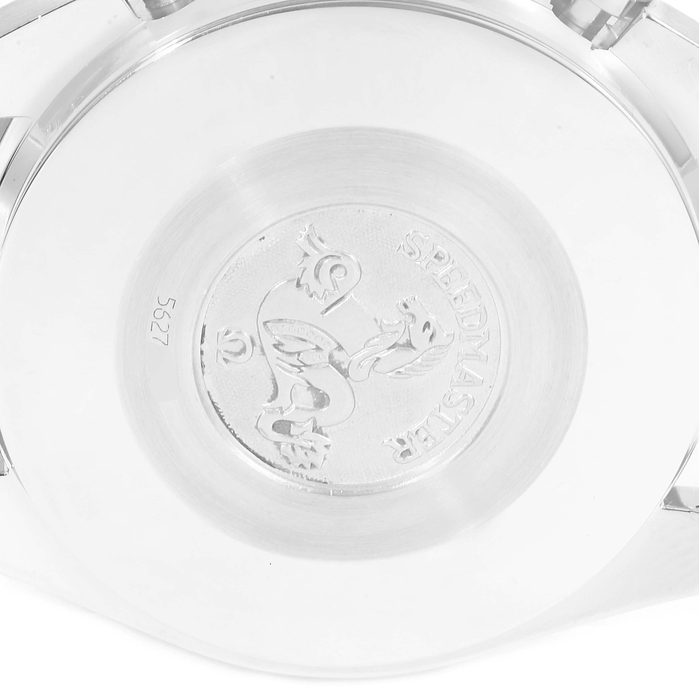 The image shows the back case of an Omega Speedmaster 3510.50.00 Men
s Stainless Steel Black Dial 3510.50.00 Men
s Stainless Steel Black Dial watch.