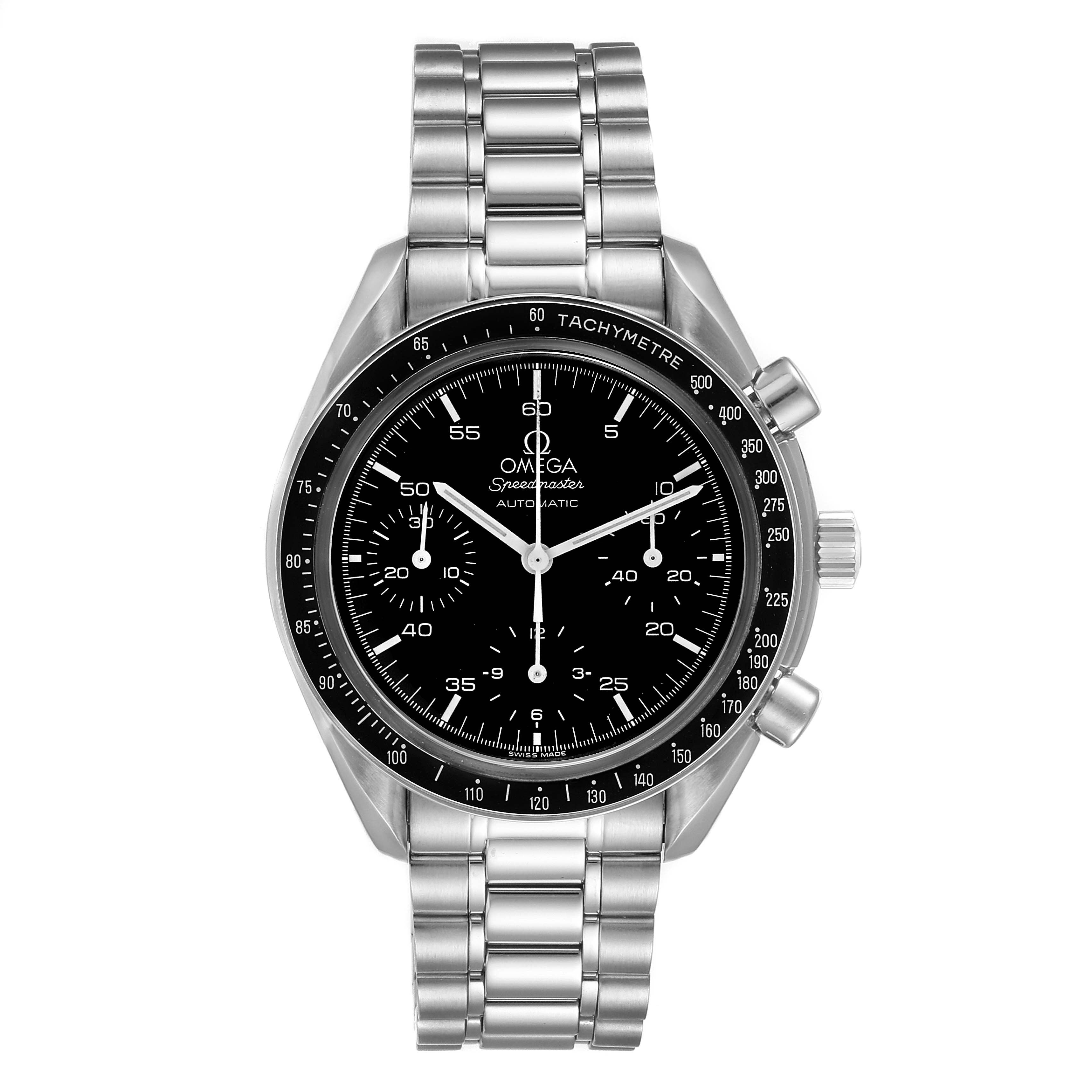 The image shows a front view of an Omega Speedmaster 3510.50.00 Men
s Stainless Steel Black Dial 3510.50.00 Men
s Stainless Steel Black Dial watch, including the face, bezel, and stainless steel bracelet.