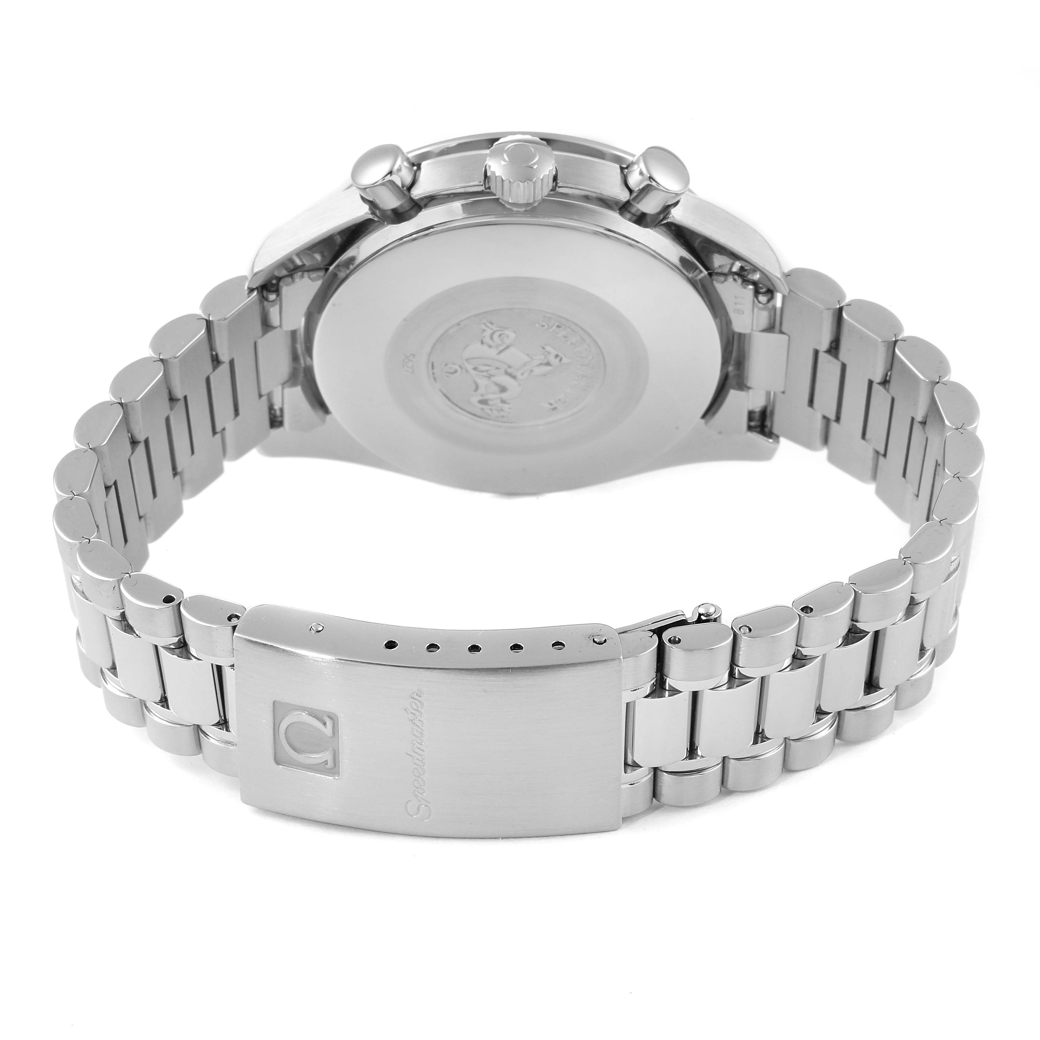 This image shows the Omega Speedmaster 3510.50.00 Men
s Stainless Steel Black Dial 3510.50.00 Men
s Stainless Steel Black Dial watch from a rear angle, focusing on the case back and stainless steel bracelet with clasp.