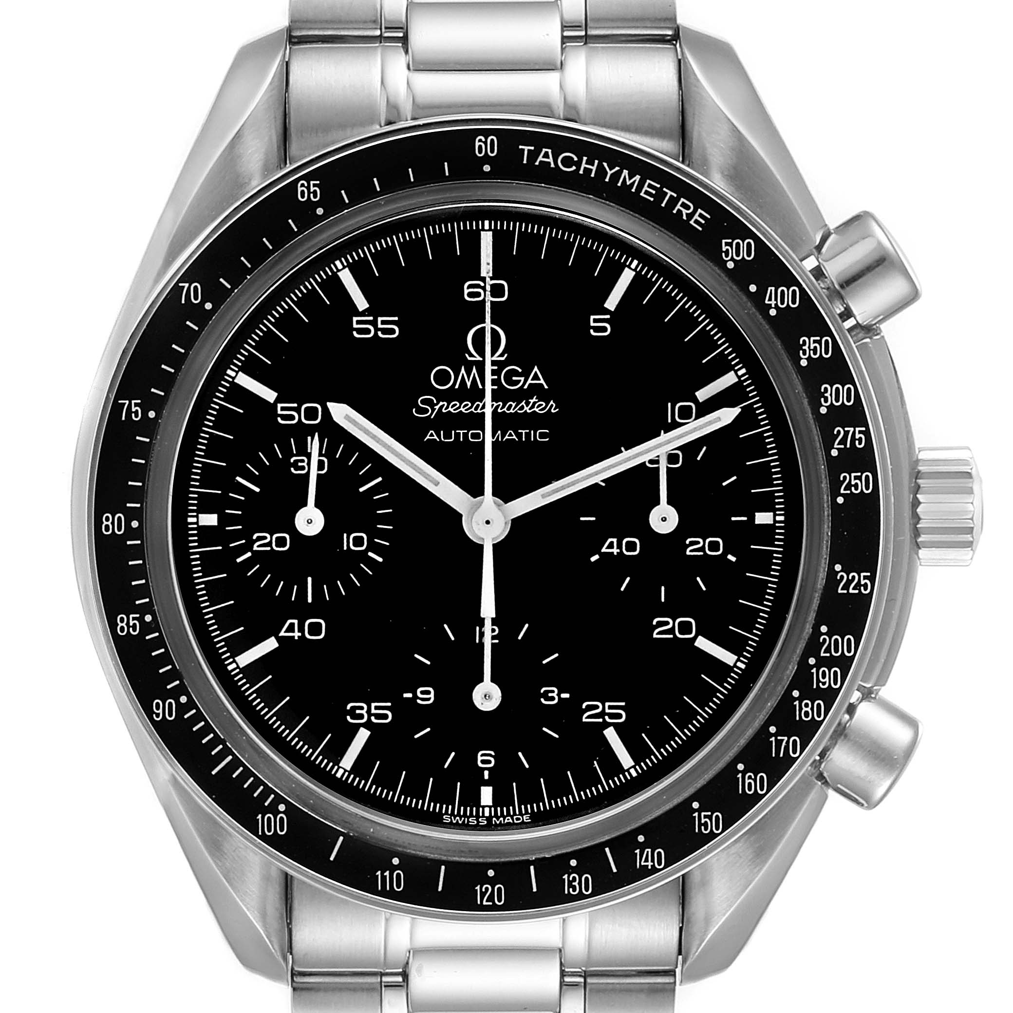 This image shows a front view of the Omega Speedmaster 3510.50.00 Men
s Stainless Steel Black Dial 3510.50.00 Men
s Stainless Steel Black Dial watch, highlighting its black dial, tachymeter bezel, and chronograph subdials.