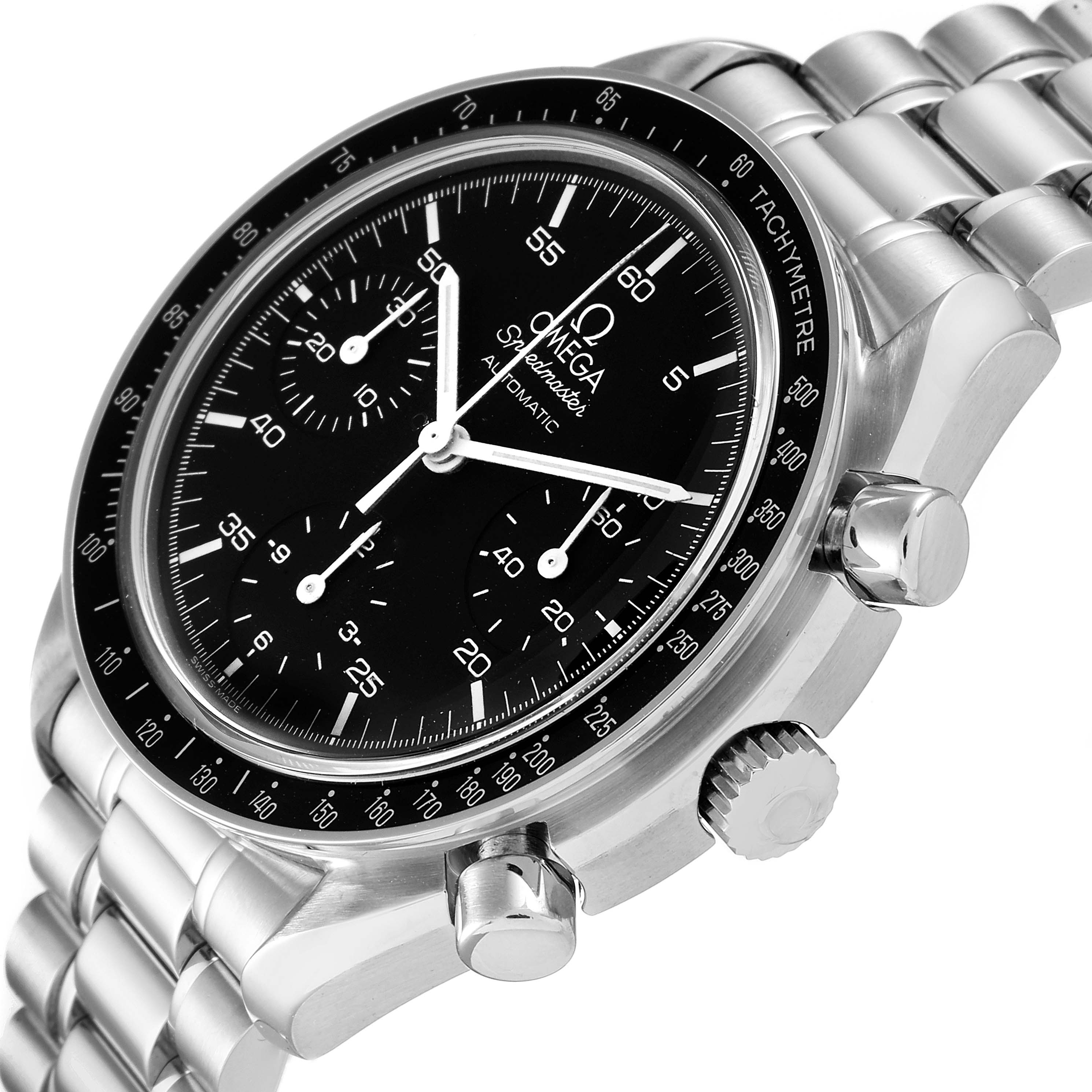 The Omega Speedmaster 3510.50.00 Men
s Stainless Steel Black Dial 3510.50.00 Men
s Stainless Steel Black Dial watch is shown at a three-quarter angle displaying its dial, bezel, crown, pushers, and bracelet.