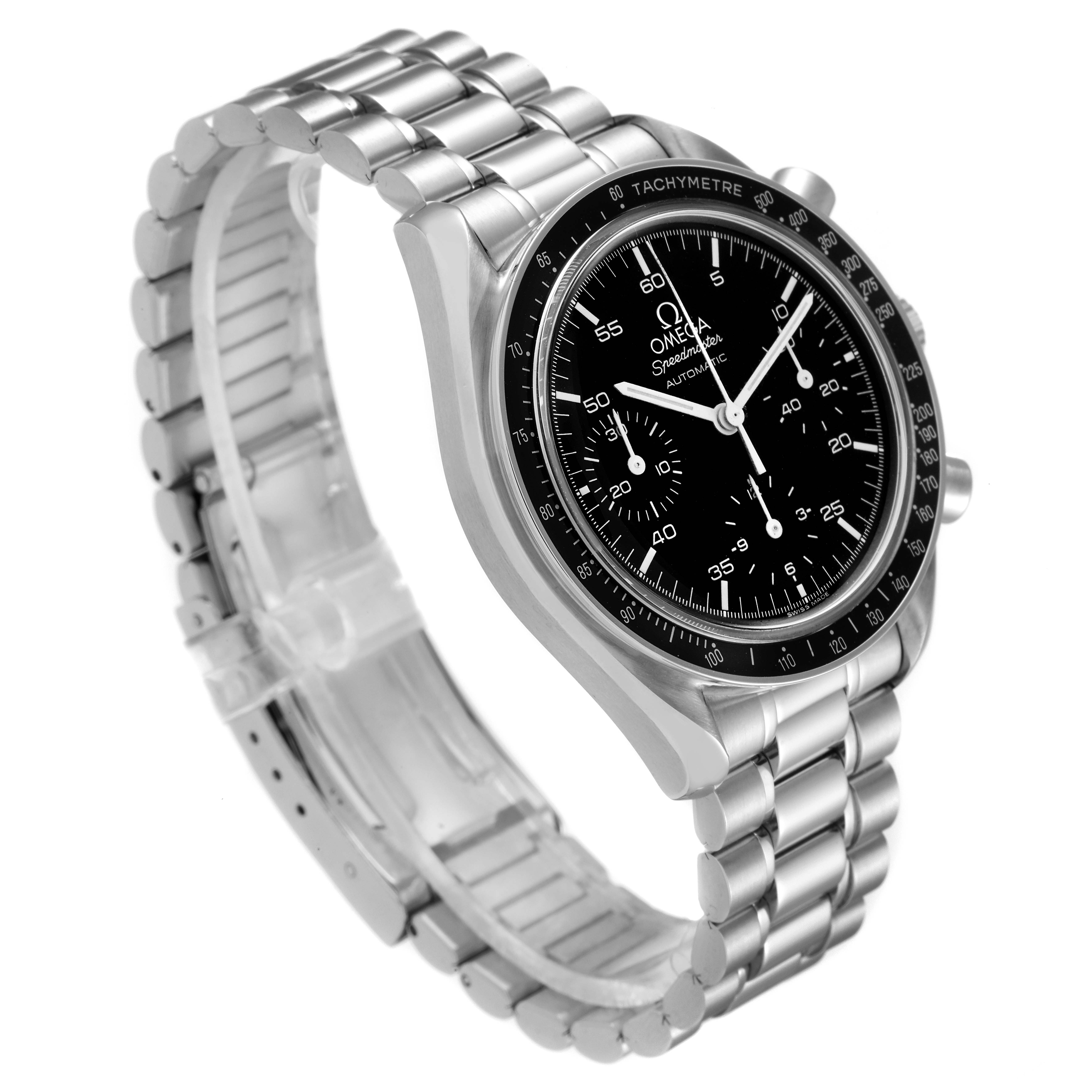 The image shows the Omega Speedmaster 3510.50.00 Men
s Stainless Steel Black Dial 3510.50.00 Men
s Stainless Steel Black Dial watch at an angled view, highlighting the face, bezel, and stainless steel bracelet.