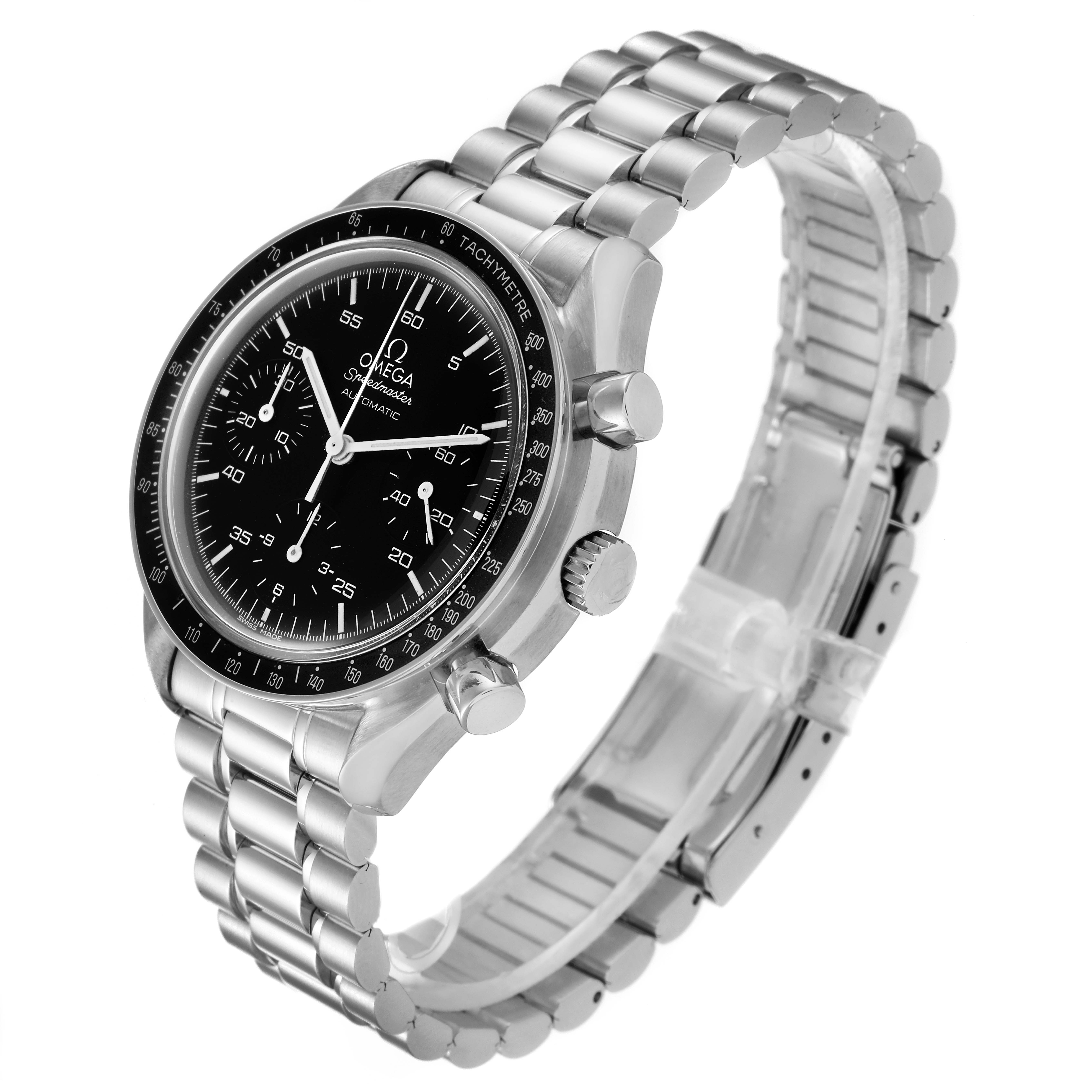 The image shows the Omega Speedmaster 3510.50.00 Men
s Stainless Steel Black Dial 3510.50.00 Men
s Stainless Steel Black Dial watch at a three-quarter angle, highlighting the face, bezel, crown, and metal bracelet.