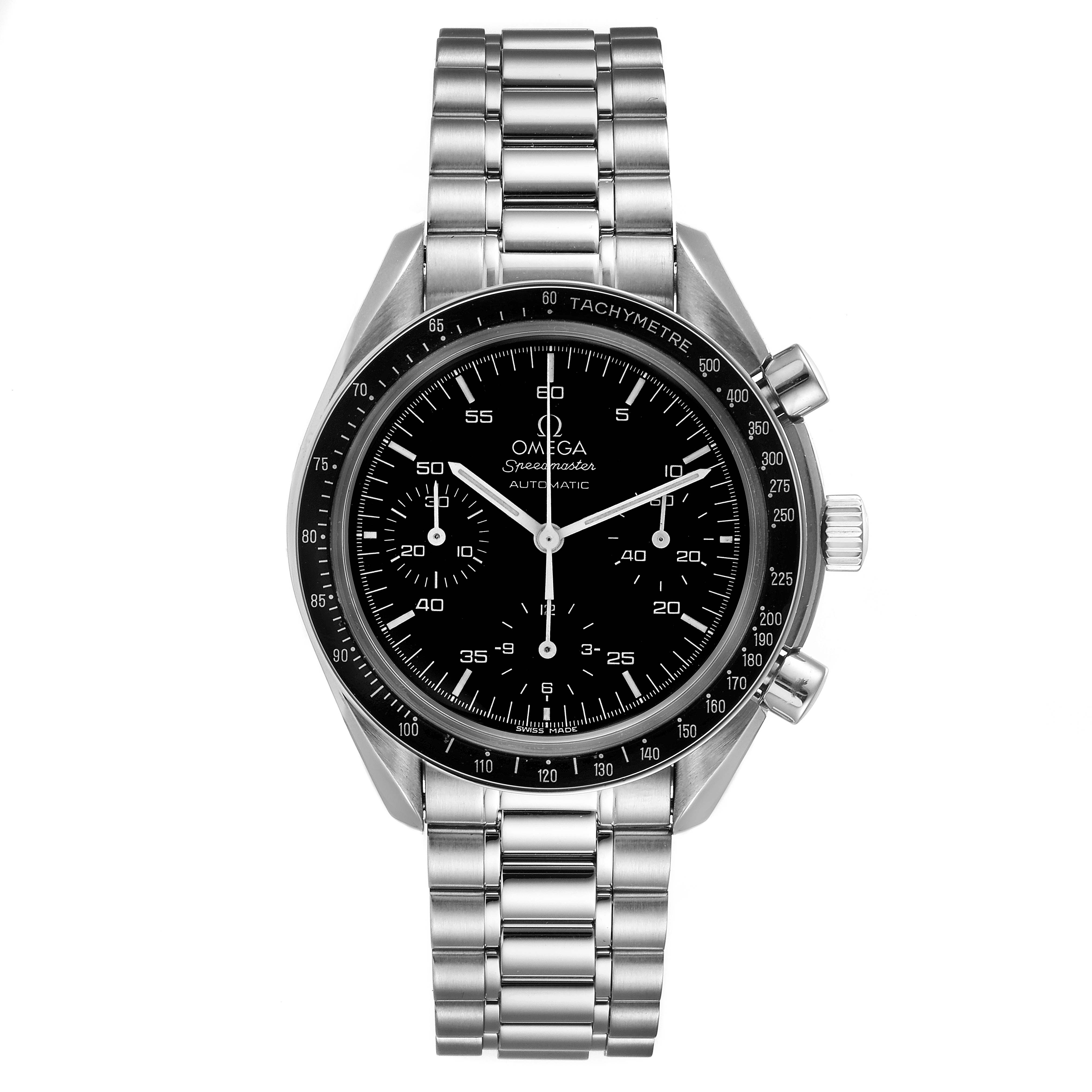 This image shows a front view of the Omega Speedmaster 3510.50.00 Men
s Stainless Steel Black Dial 3510.50.00 Men
s Stainless Steel Black Dial watch, highlighting its dial, bezel, and stainless steel bracelet.