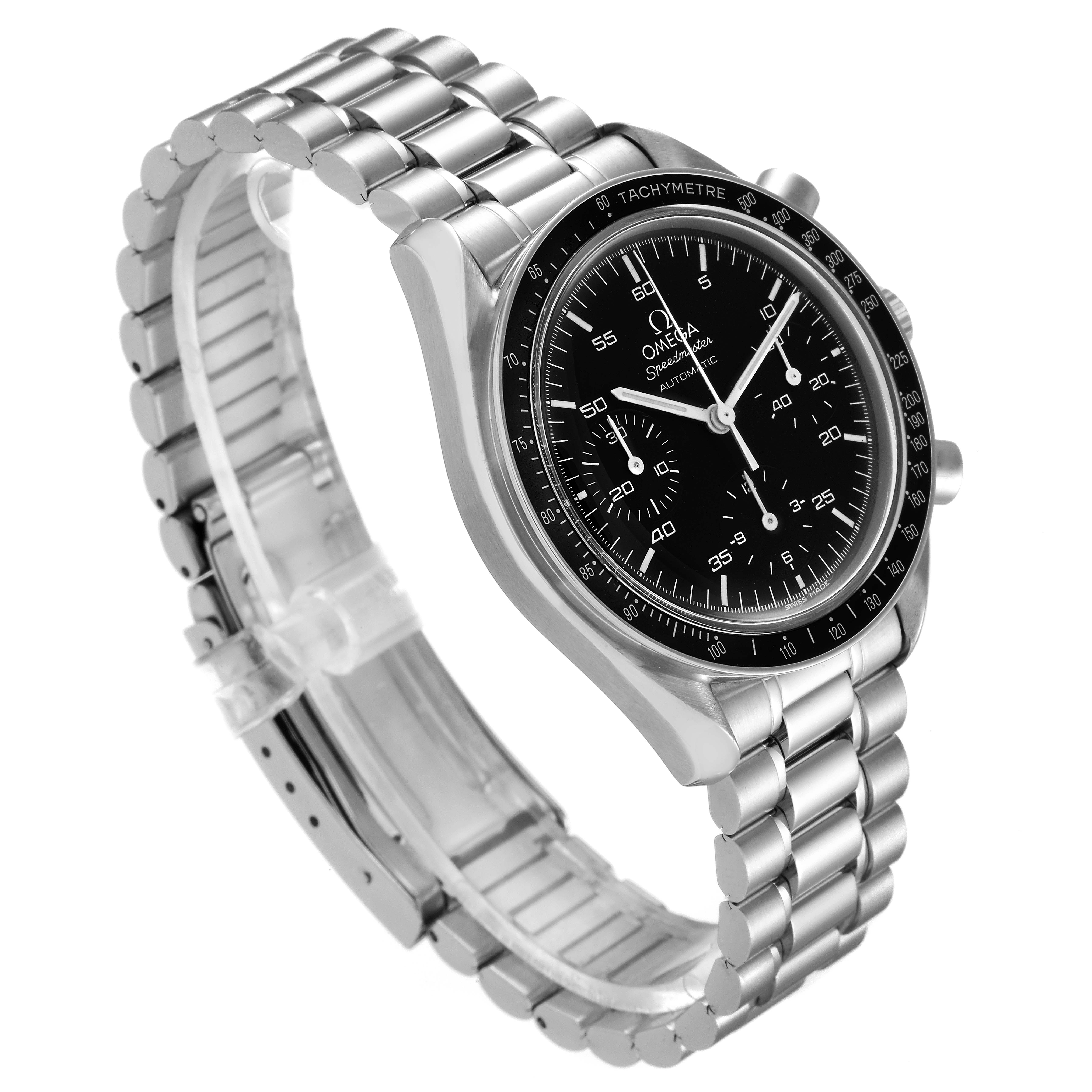 The Omega Speedmaster 3510.50.00 Men
s Stainless Steel Black Dial 3510.50.00 Men
s Stainless Steel Black Dial watch is shown at an angled view highlighting the stainless steel bracelet and black dial.
