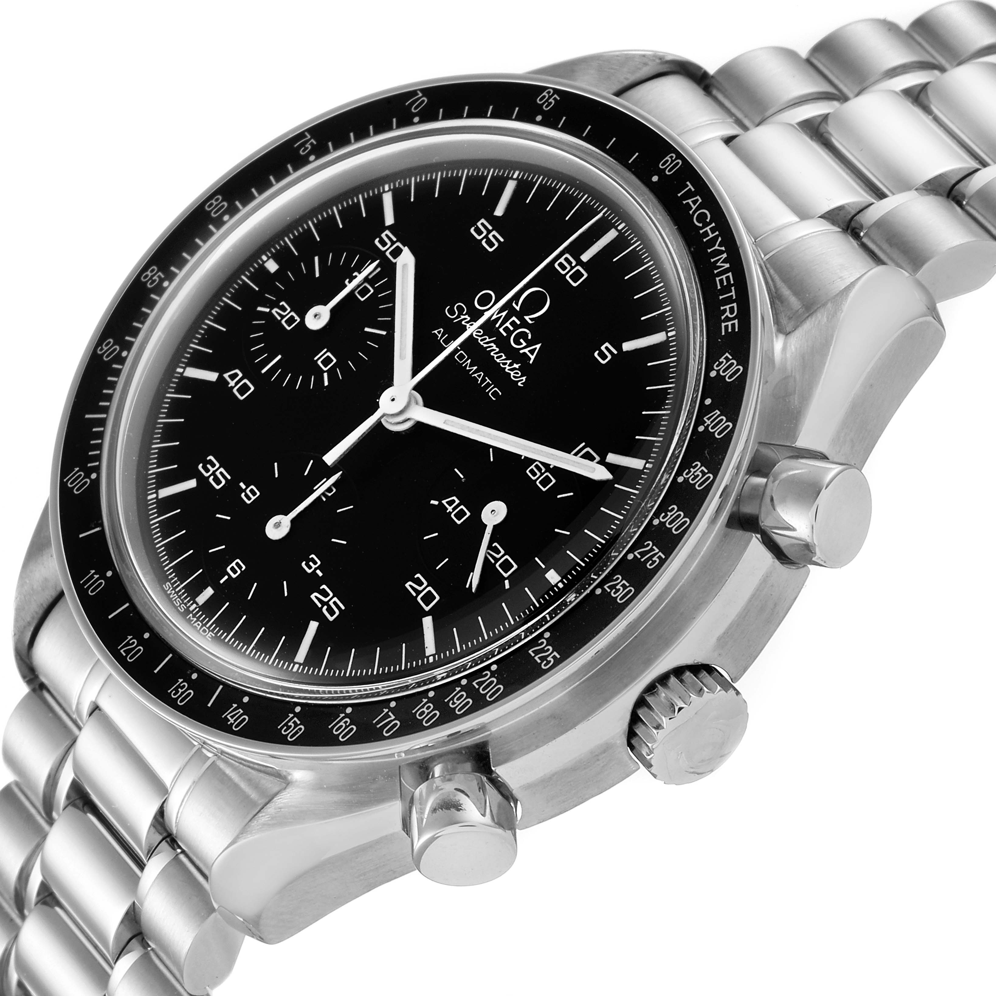 The image shows an angled view of the Omega Speedmaster 3510.50.00 Men
s Stainless Steel Black Dial 3510.50.00 Men
s Stainless Steel Black Dial watch, highlighting the dial, tachymeter bezel, and side pushers.