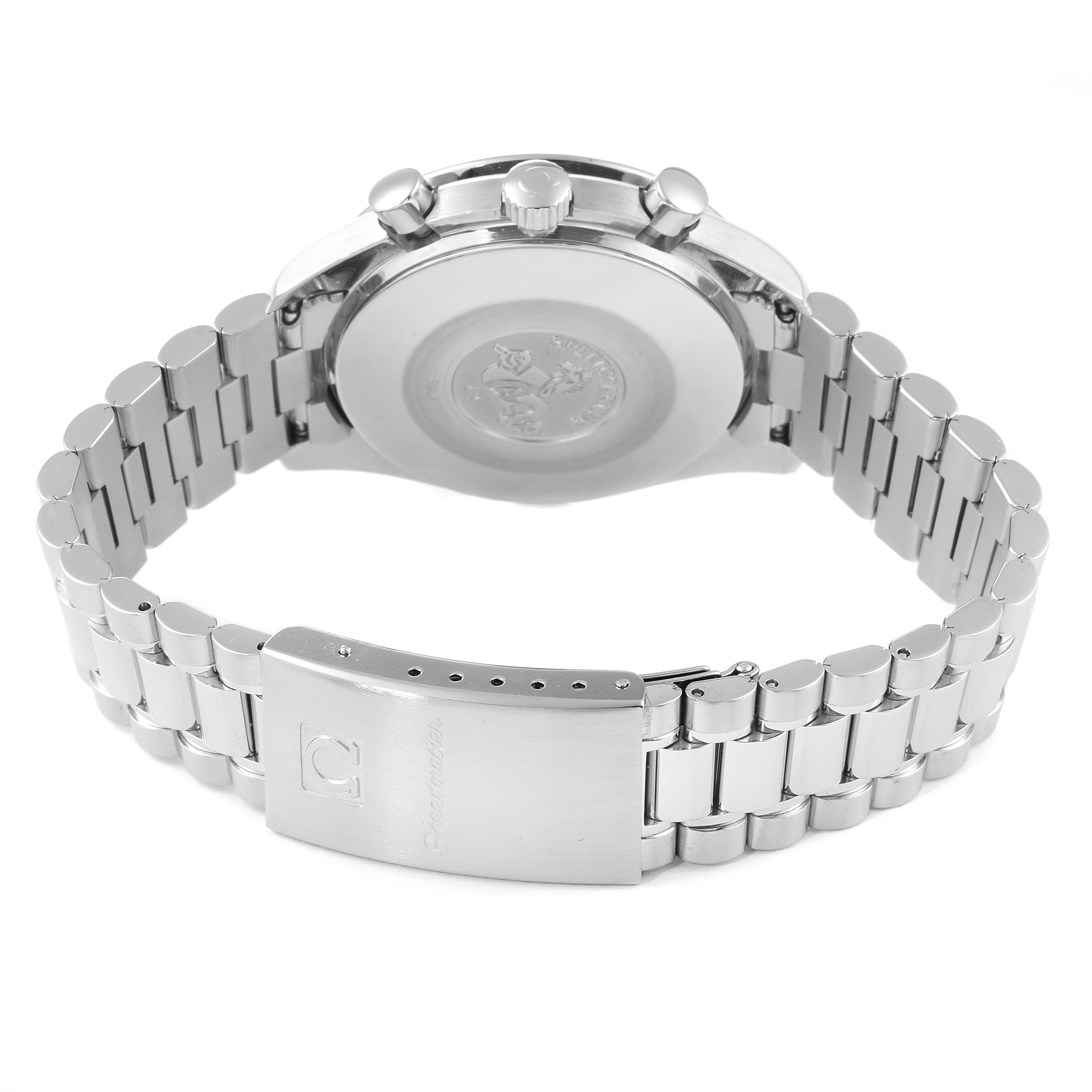 The image shows the back view and bracelet clasp of the Omega Speedmaster 3510.50.00 Men
s Stainless Steel Black Dial 3510.50.00 Men
s Stainless Steel Black Dial watch.