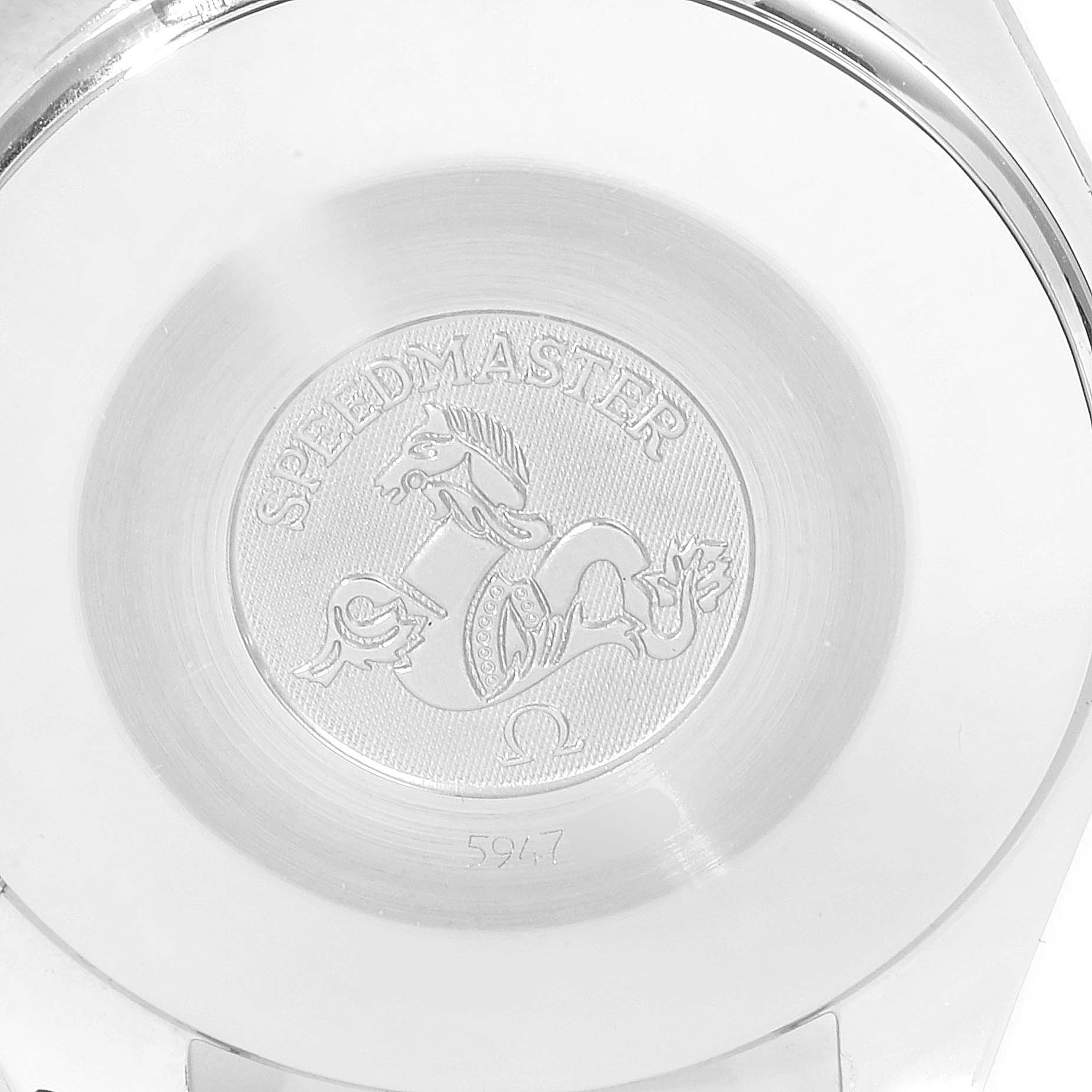 This image shows the case back of an Omega Speedmaster 3510.50.00 Men
s Stainless Steel Black Dial 3510.50.00 Men
s Stainless Steel Black Dial watch, featuring the engraved Speedmaster logo and text.