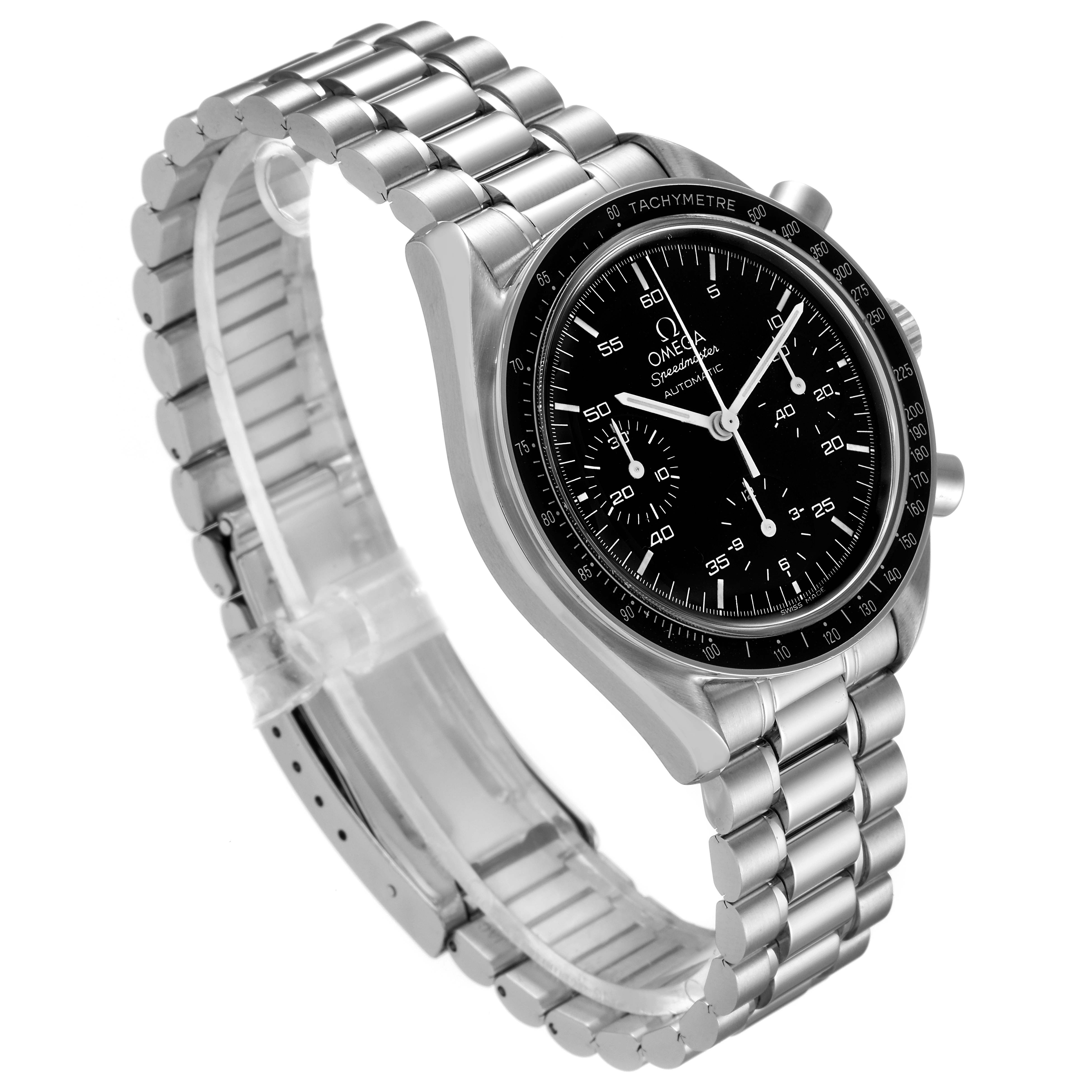 The Omega Speedmaster 3510.50.00 Men
s Stainless Steel Black Dial 3510.50.00 Men
s Stainless Steel Black Dial watch is shown at a slight angle, displaying the face, bezel, bracelet, and pushers.
